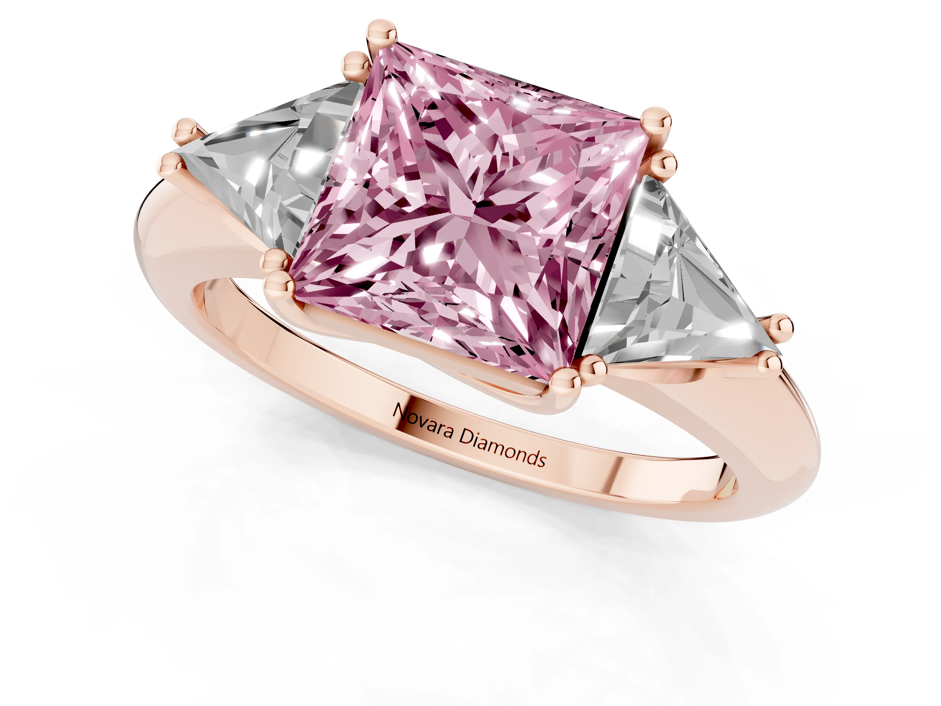 Fancy Pink Princess Cut Diamond Three-Stone Engagement Ring Set in Rose gold with Trillion Side Stones