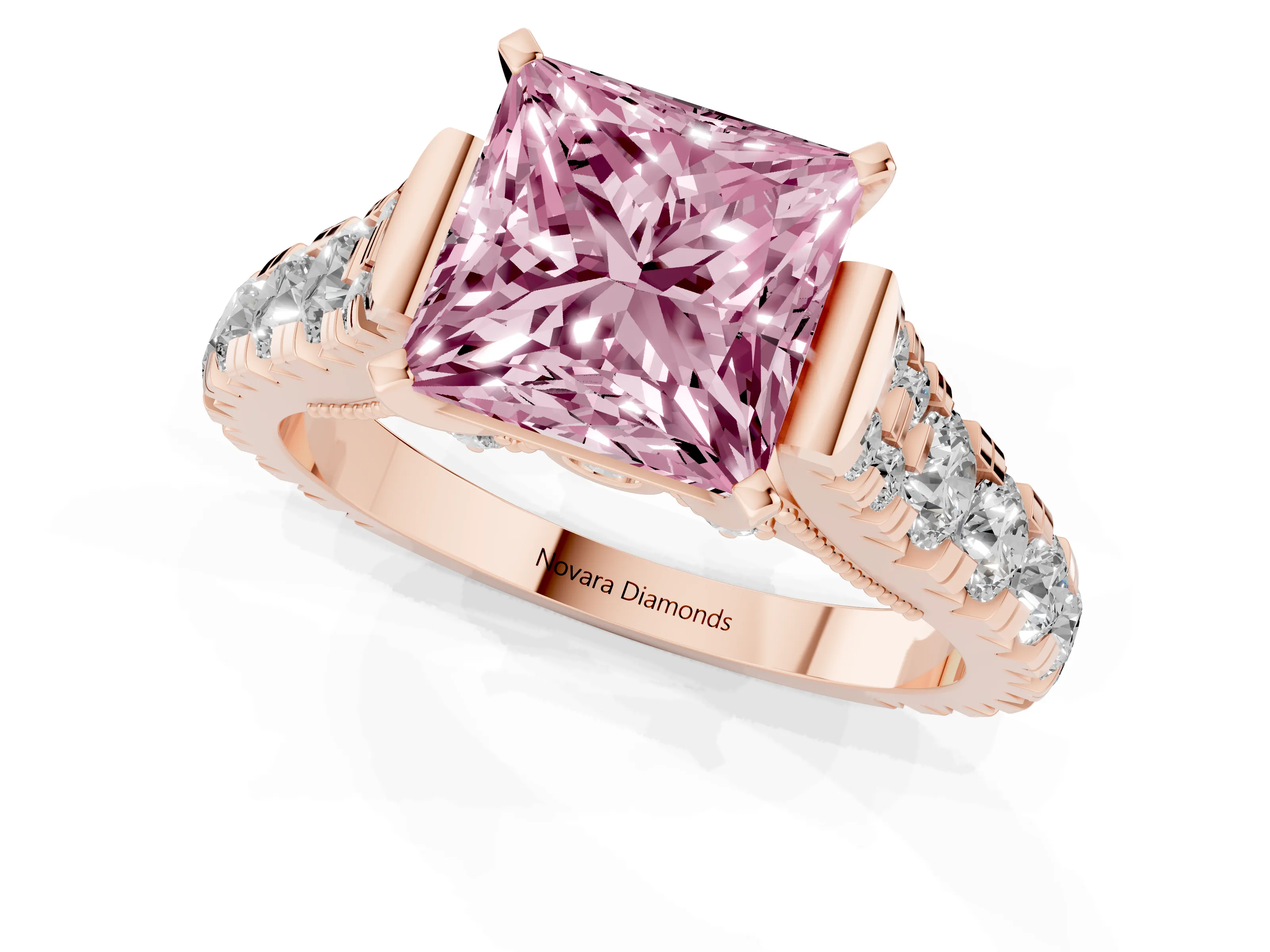 Fancy Pink Princess Cut Diamond Classic Solitaire Ring Set in Rose gold with Pavé Band and Prong Setting