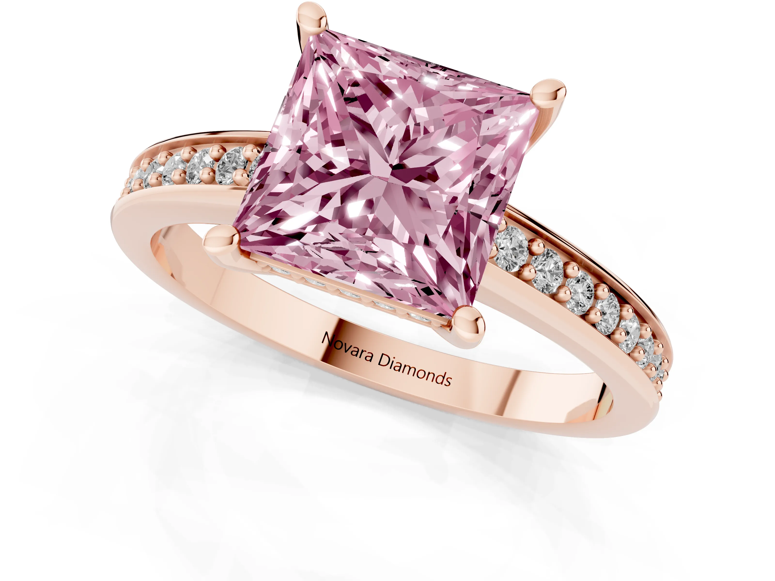 Fancy Pink Princess Cut Diamond Pavé Band Prong Set Solitaire Ring Set in Rose gold