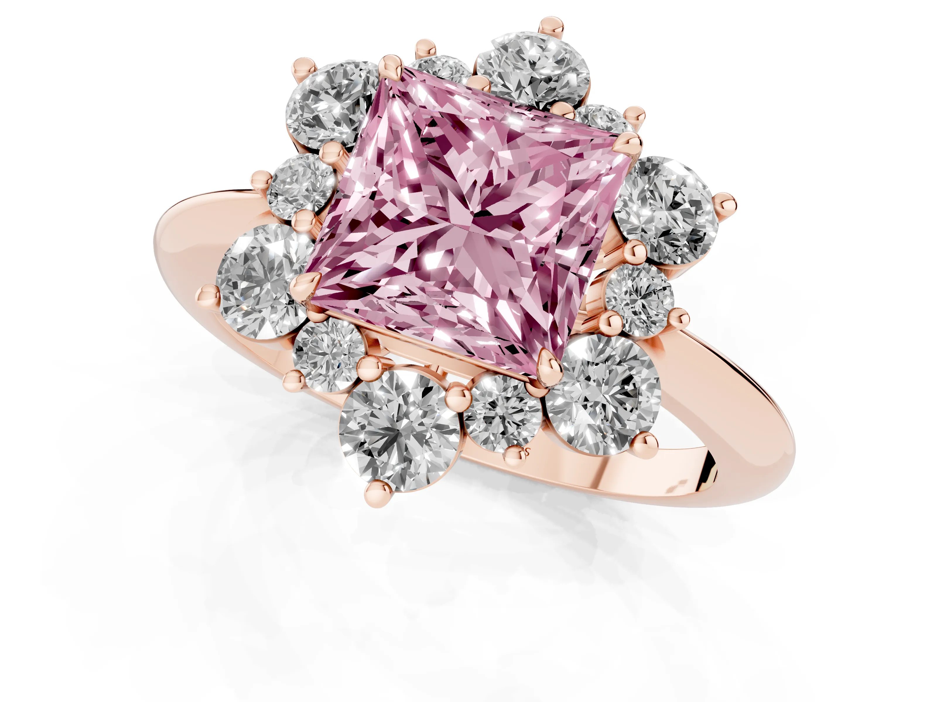 Fancy Pink Princess Cut Diamond Cluster Halo Ring Set in Rose gold with Solitaire Band and Prong Setting