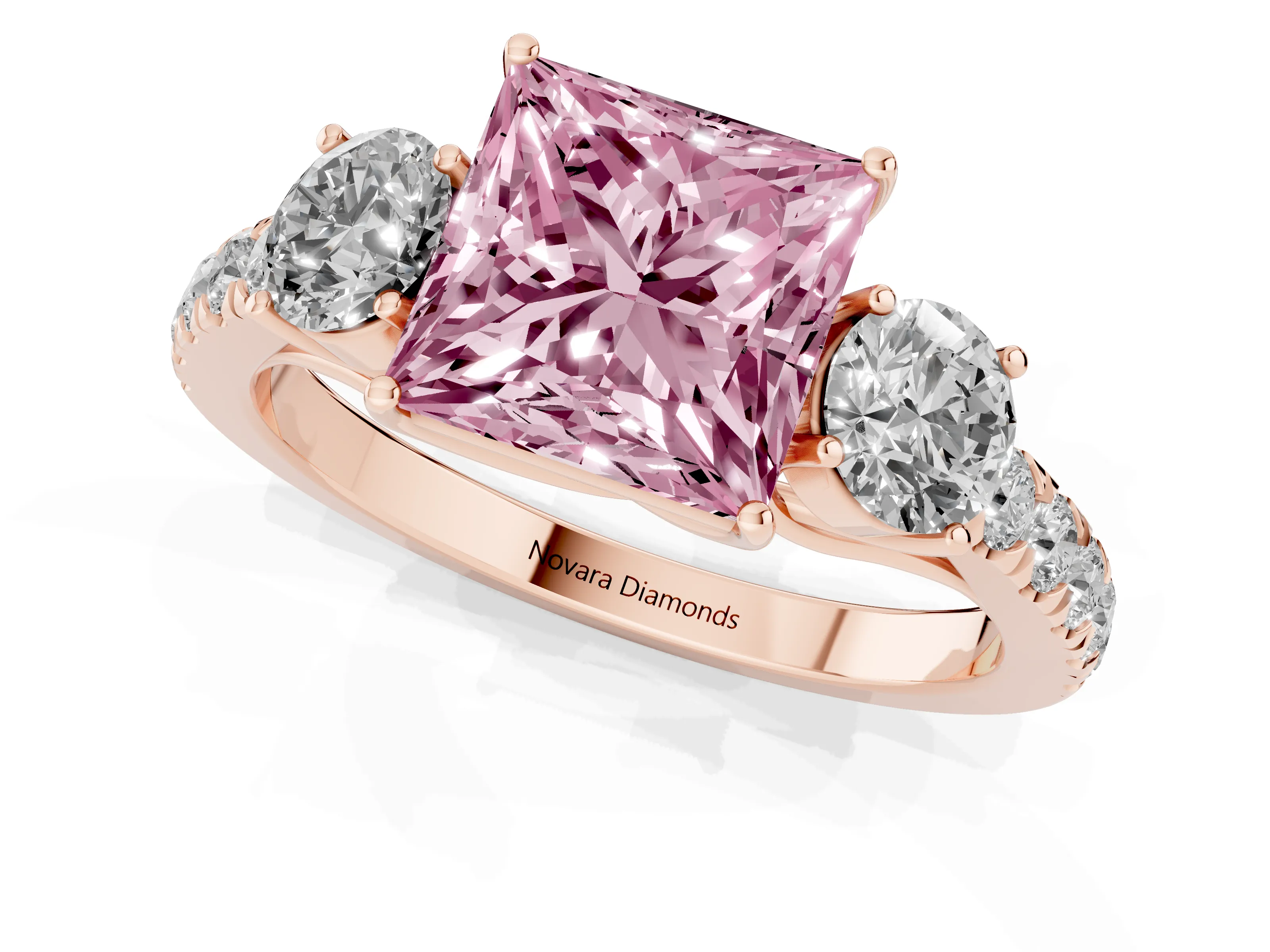 Fancy Pink Princess Cut Diamond Three-Stone Ring Set in Rose gold with Round Side Stones and Delicate Pavé Band