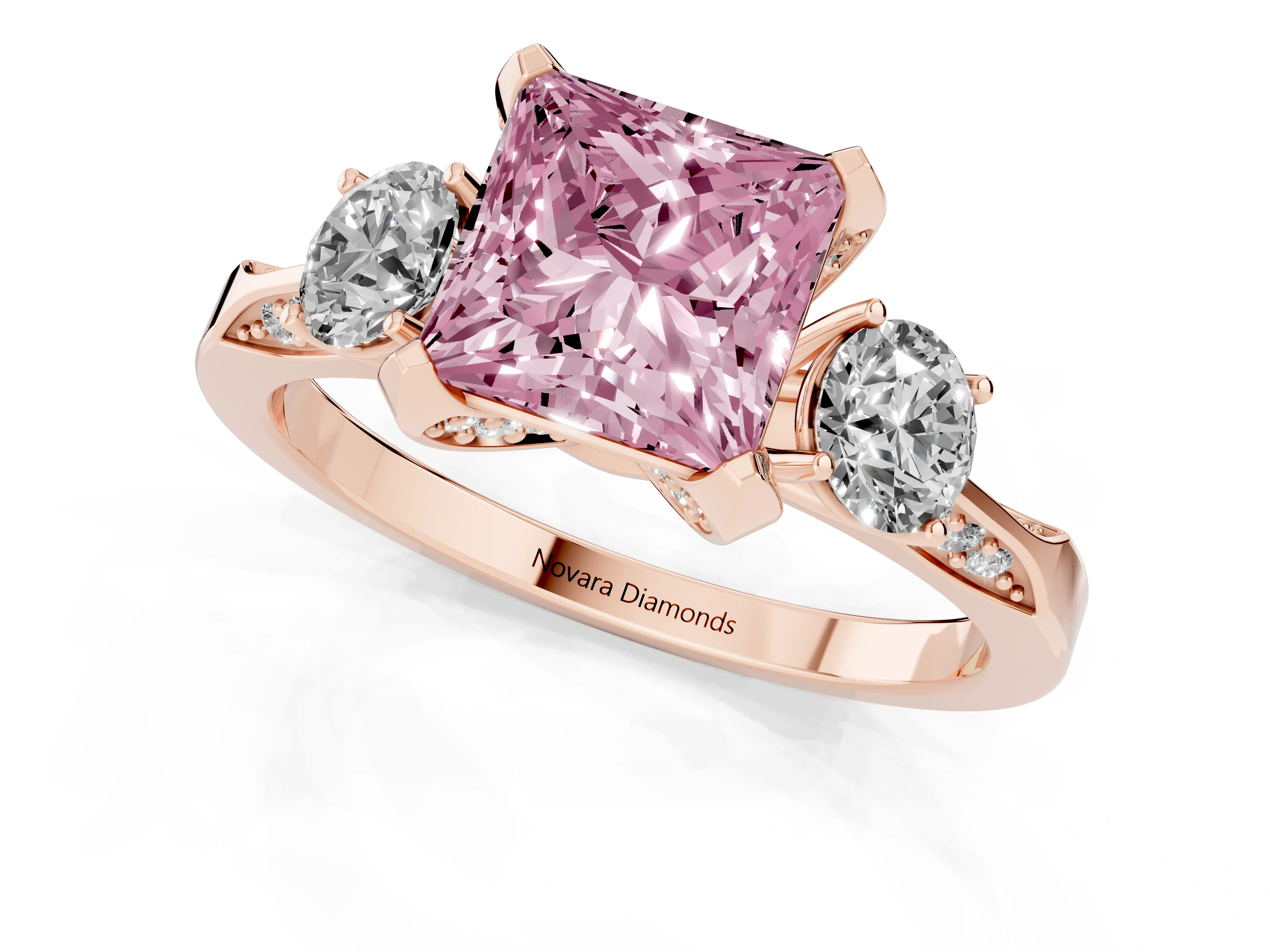 Fancy Pink Princess Cut Diamond Three-Stone Ring Set in Rose gold with Pavé Band and Smaller Side Stones