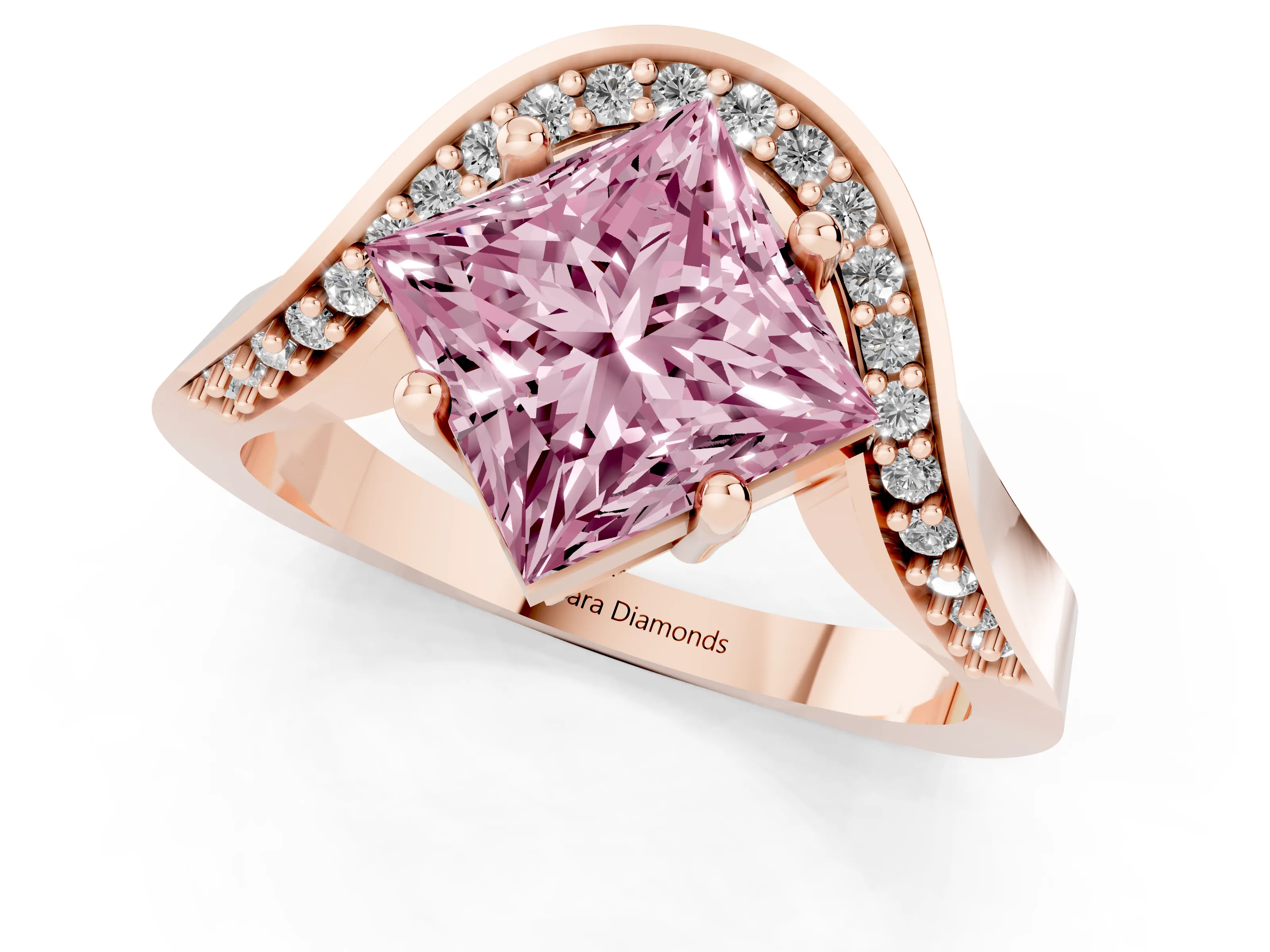 Fancy Pink Princess Cut Diamond Solitaire Engagement Ring Set in Rose gold with Pavé Shoulders
