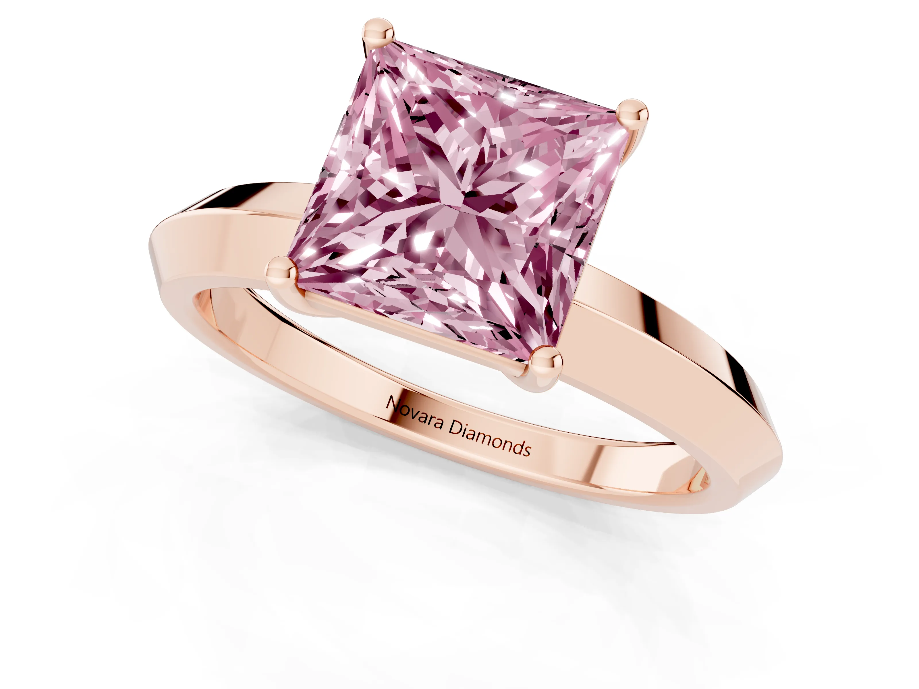 Fancy Pink Princess Cut Diamond Solitaire Engagement Ring Set in Rose gold with Flat Band and Prong Setting