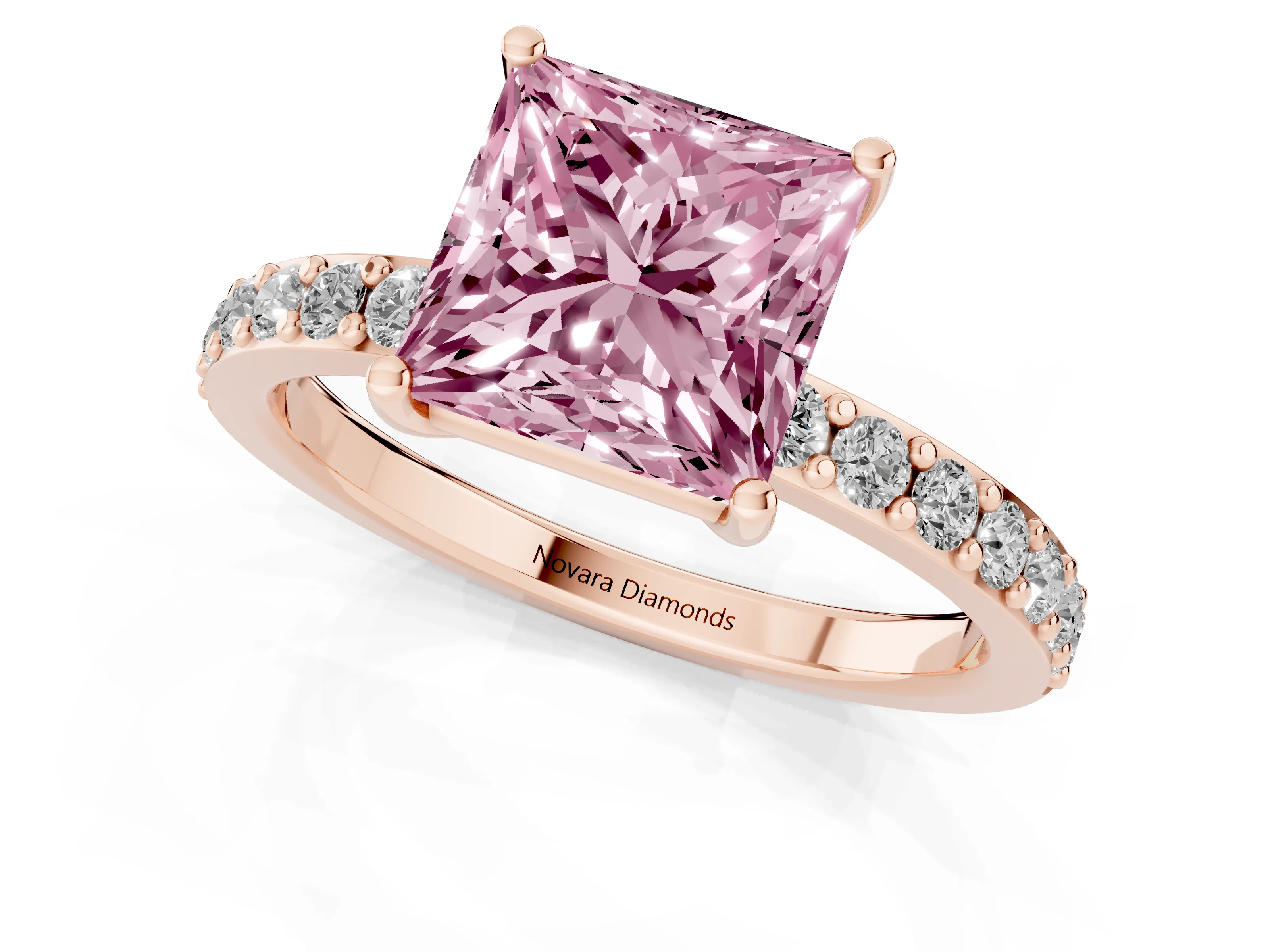 Fancy Pink Princess Cut Diamond Solitaire Set in Rose gold with Round Pavé Band and Prong Setting