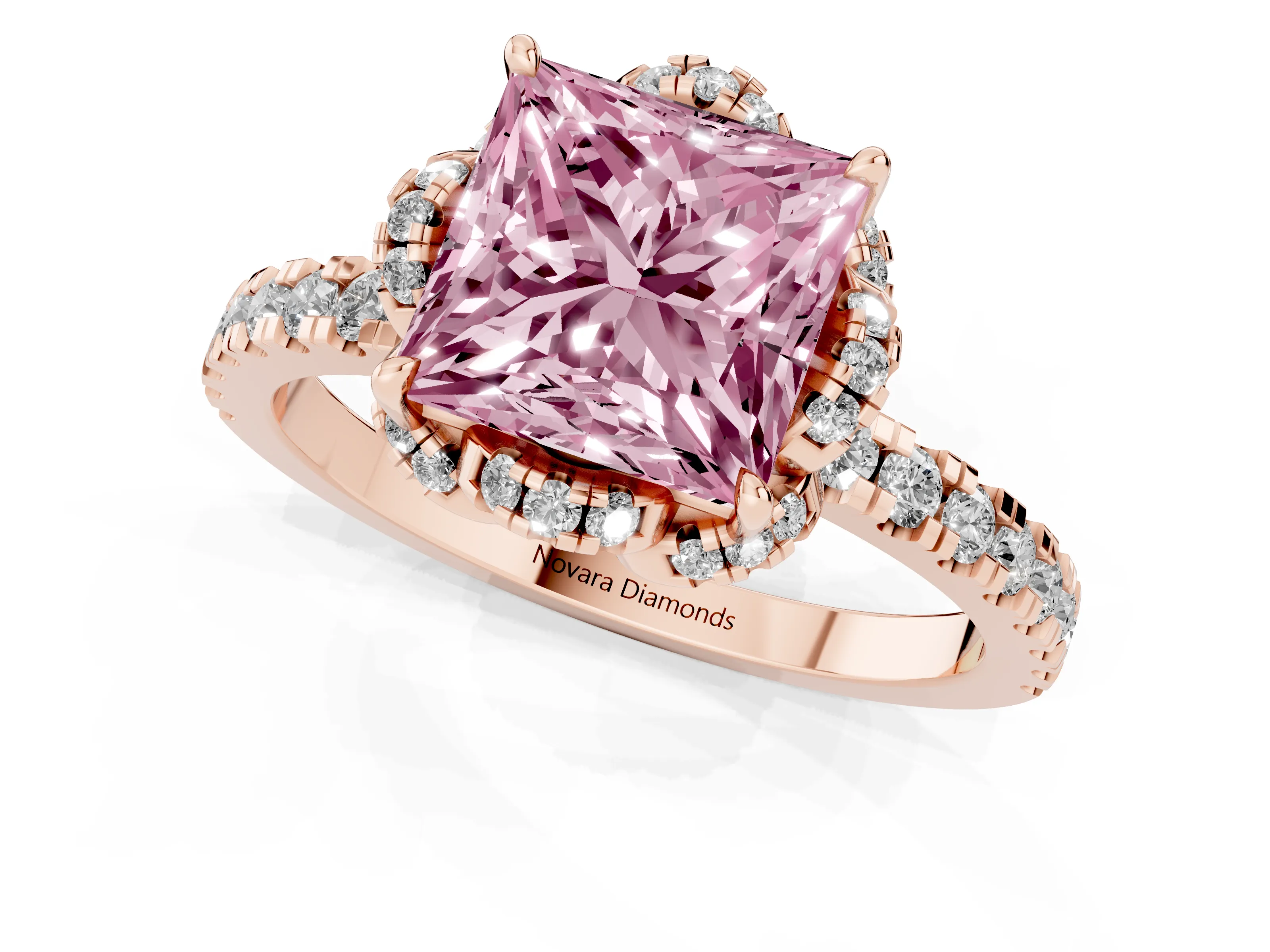 Fancy Pink Princess Cut Diamond Halo Pavé Band Ring Set in Rose gold with Prong-Held Center