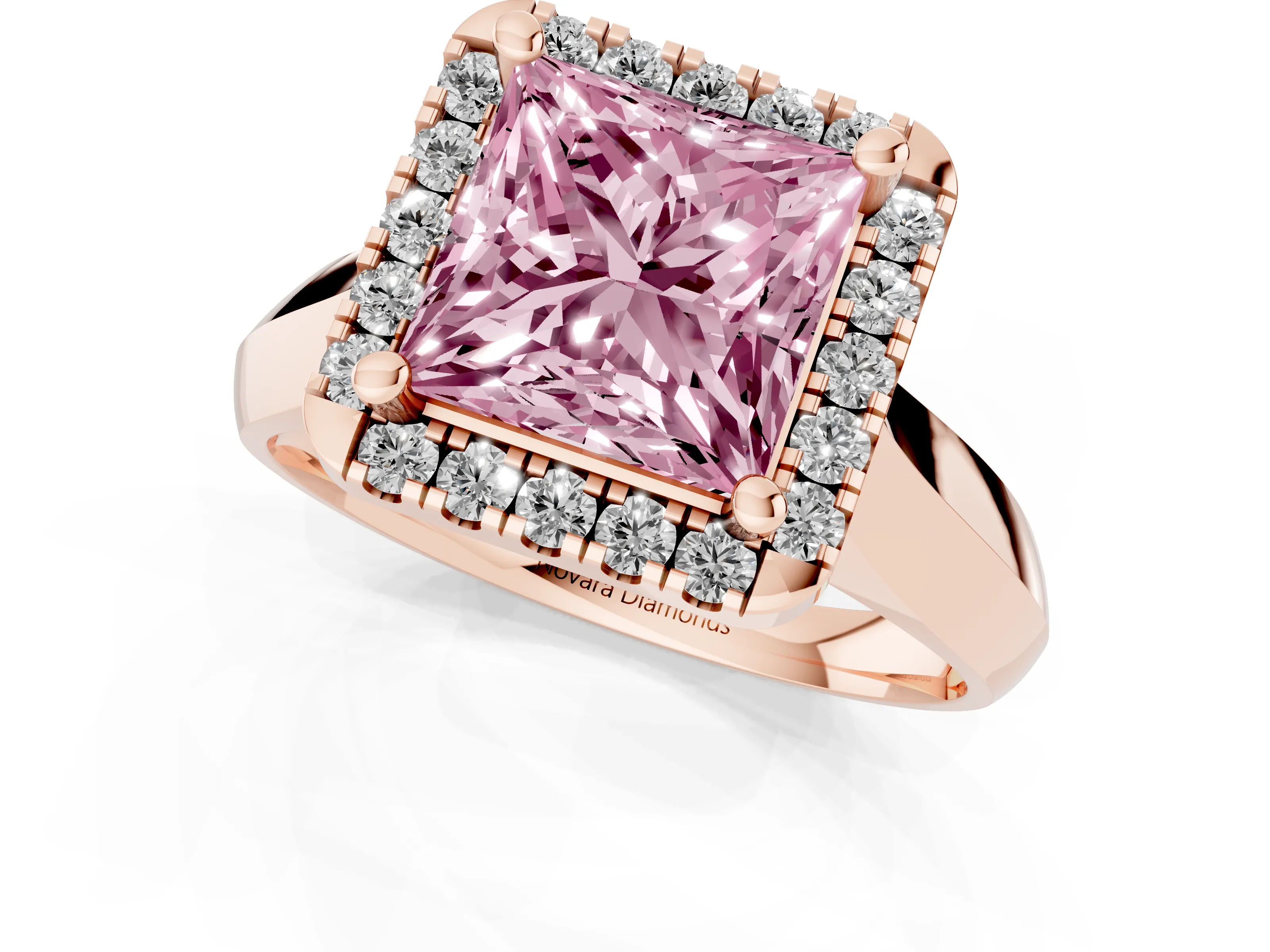 Fancy Pink Princess Cut Diamond Halo Solitaire Engagement Ring Set in Rose gold with Square Band and Prong Setting