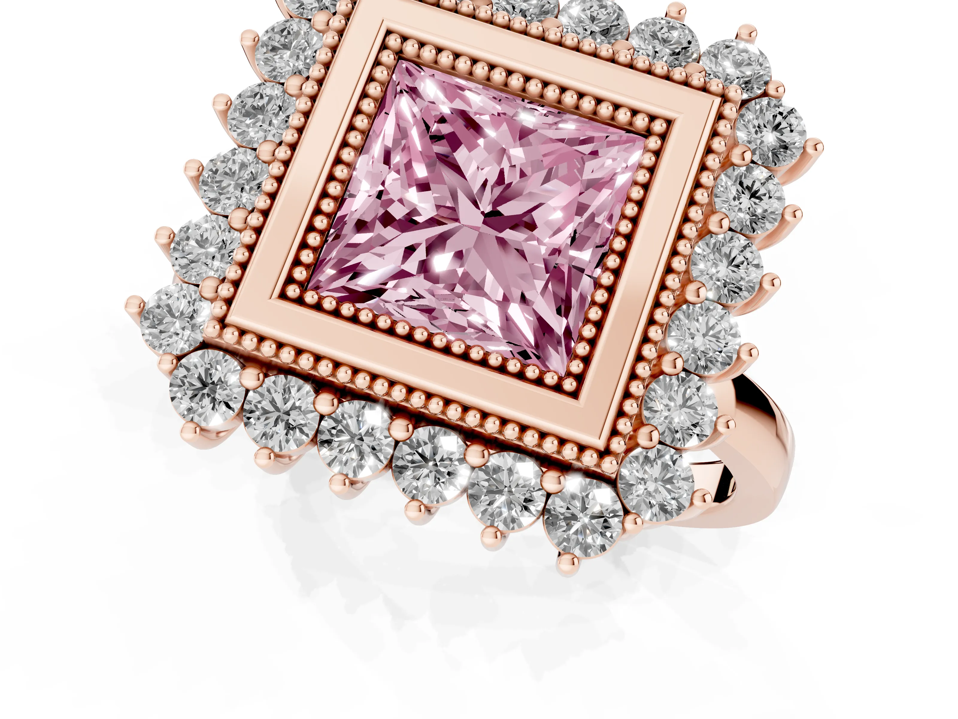 Fancy Pink Princess Cut Diamond Halo Ring Set in Rose gold with Milgrain Edge and Round Prong Setting