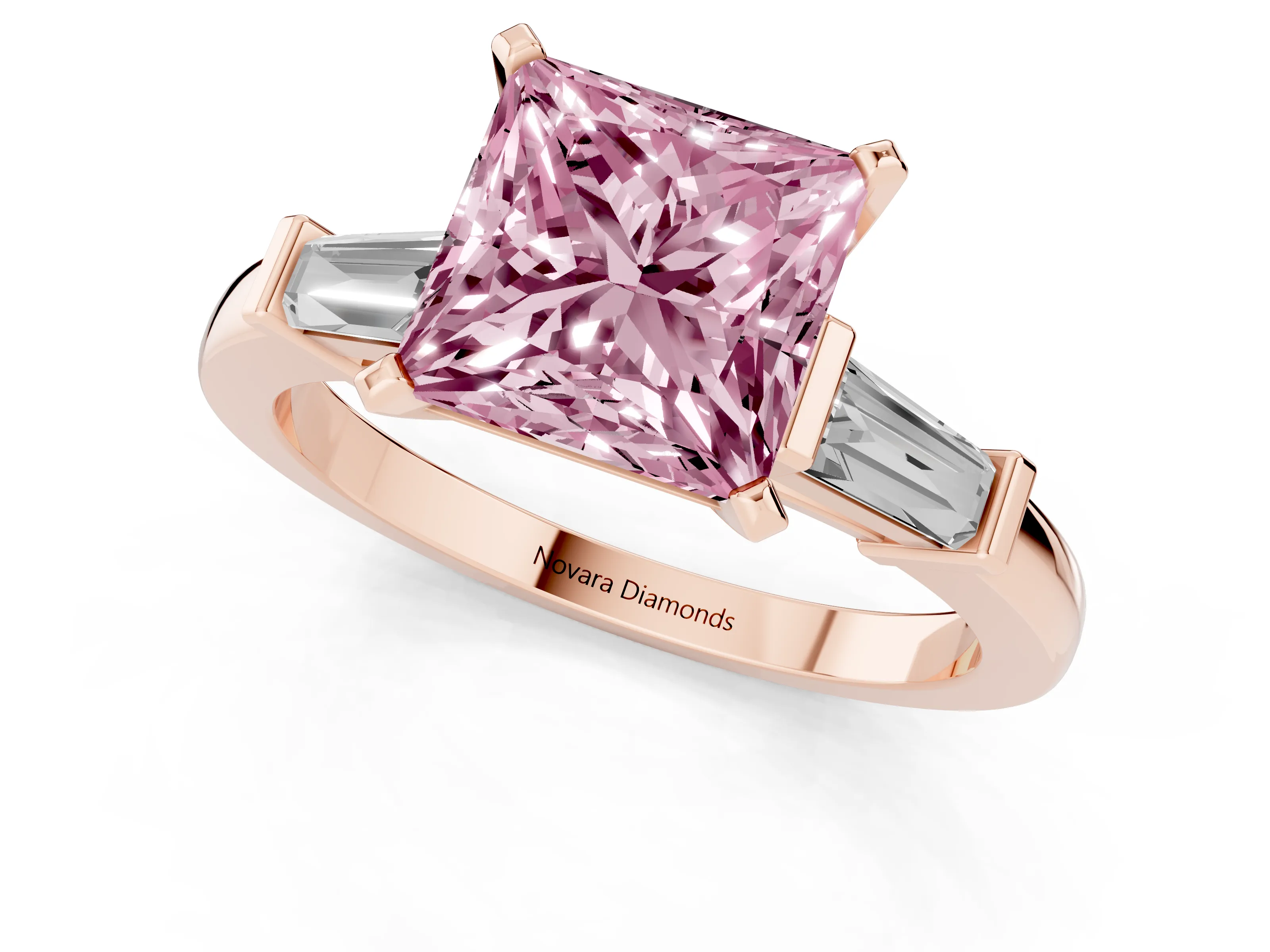 Fancy Pink Princess Cut Diamond Solitaire Ring Set in Rose gold with Tapered Baguette Accents and Prong Setting