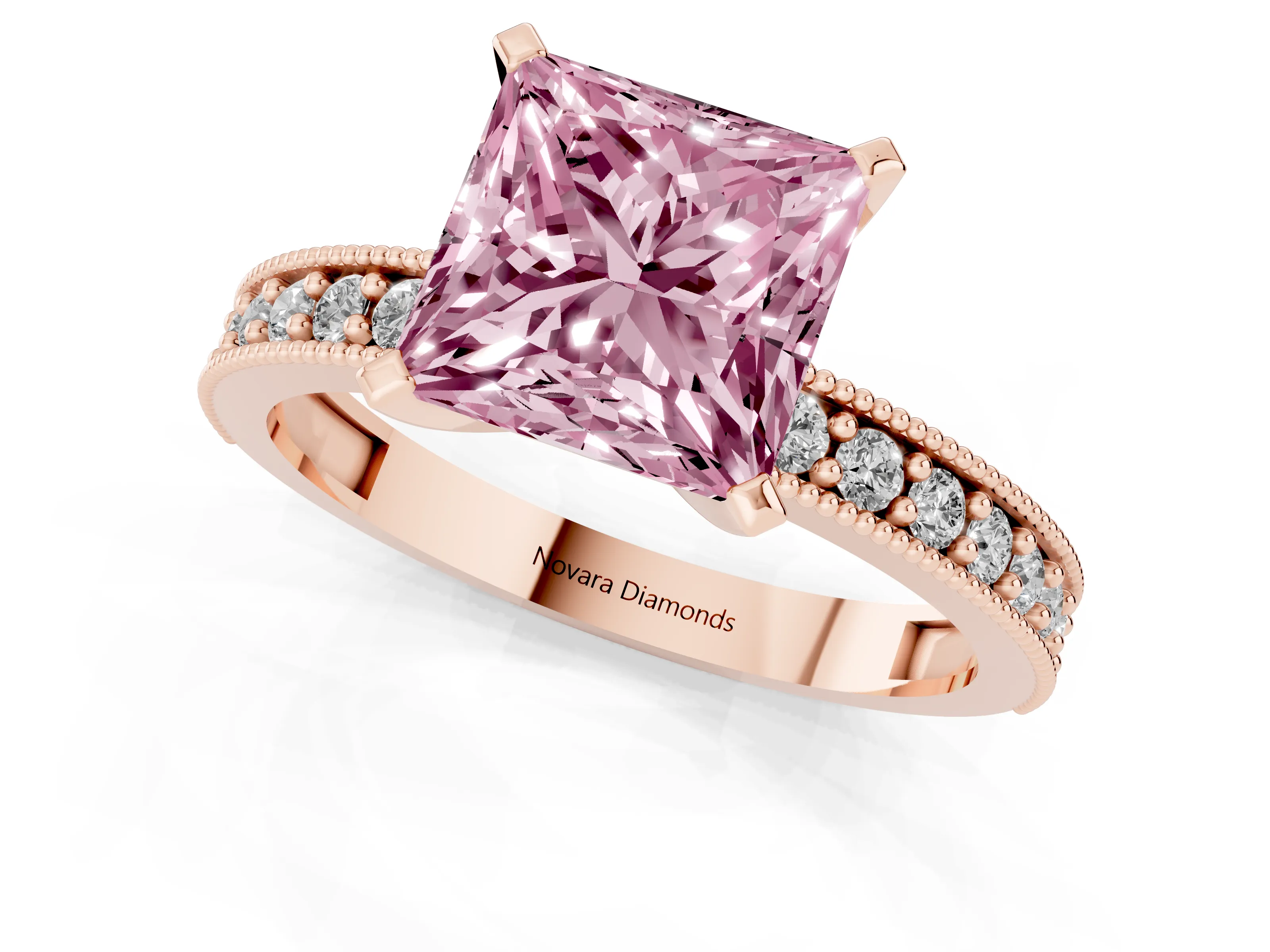 Fancy Pink Princess Cut Diamond Milgrain Pavé Engagement Ring Set in Rose gold with Prong Setting