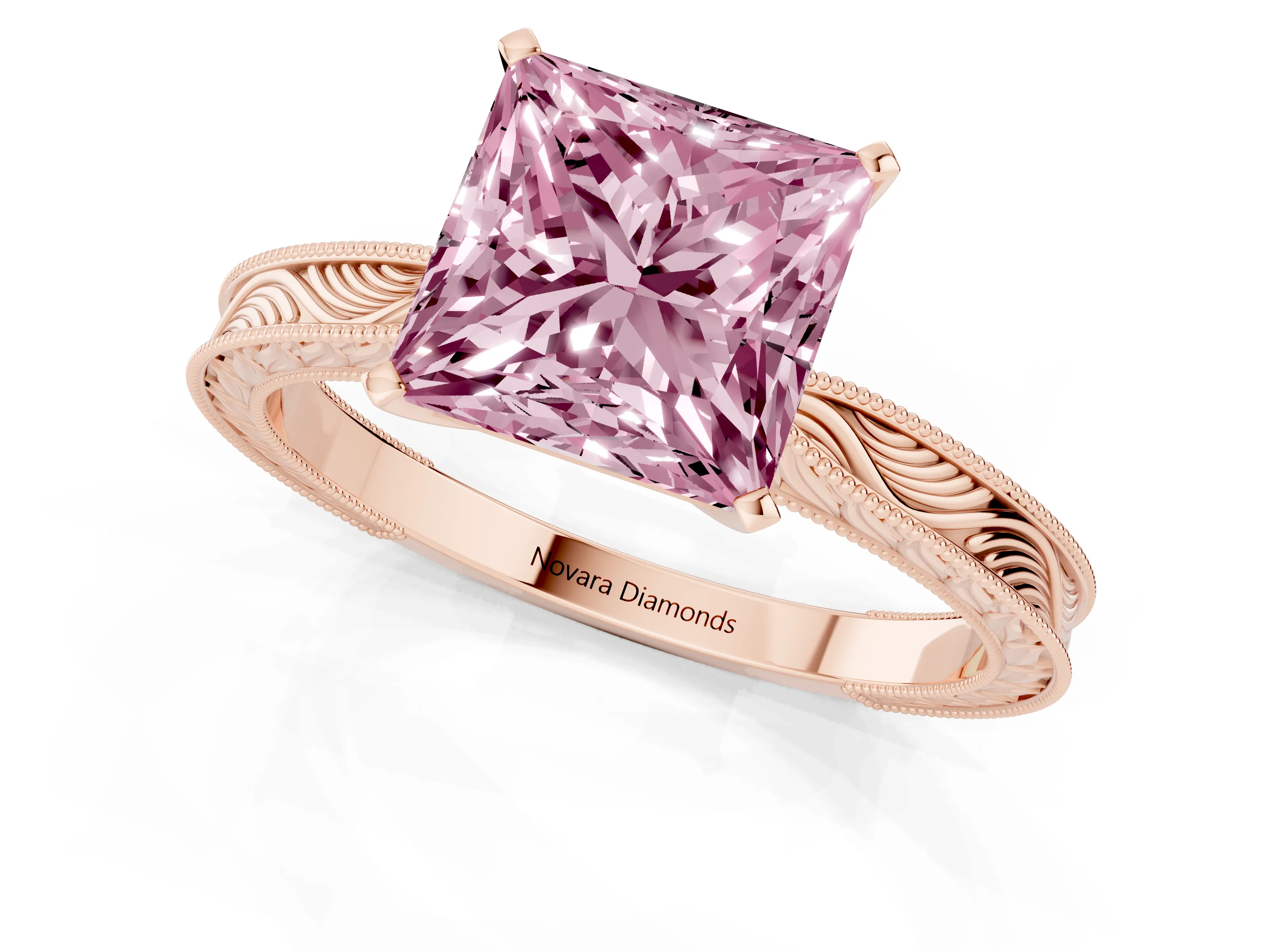 Fancy Pink Princess Cut Diamond Solitaire Milgrain Engraved Band Set in Rose gold with Prong Setting
