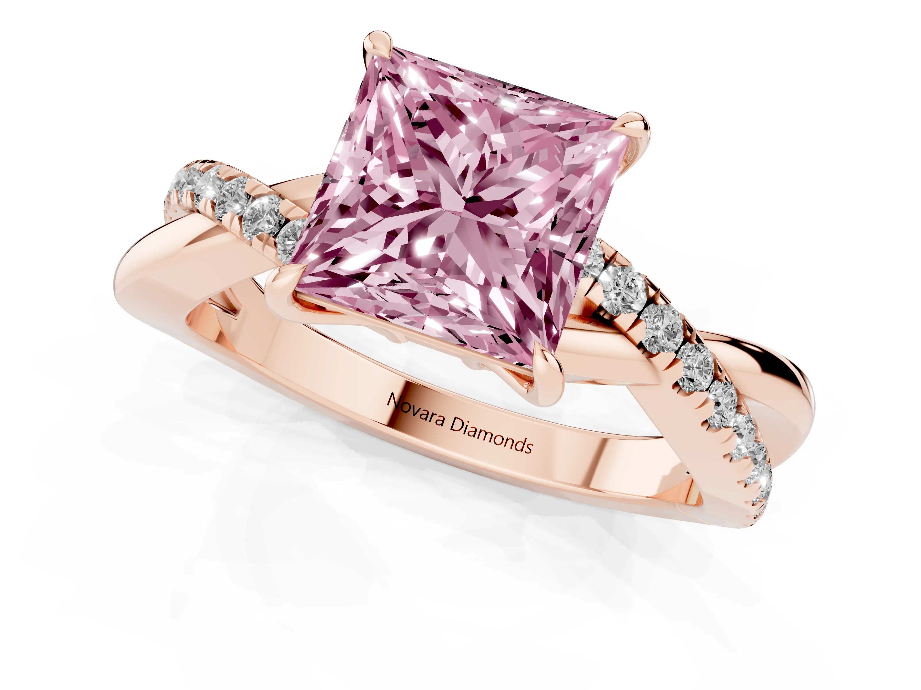 Fancy Pink Princess Cut Diamond Twisted Pavé Band Ring Set in Rose gold with Prong Setting