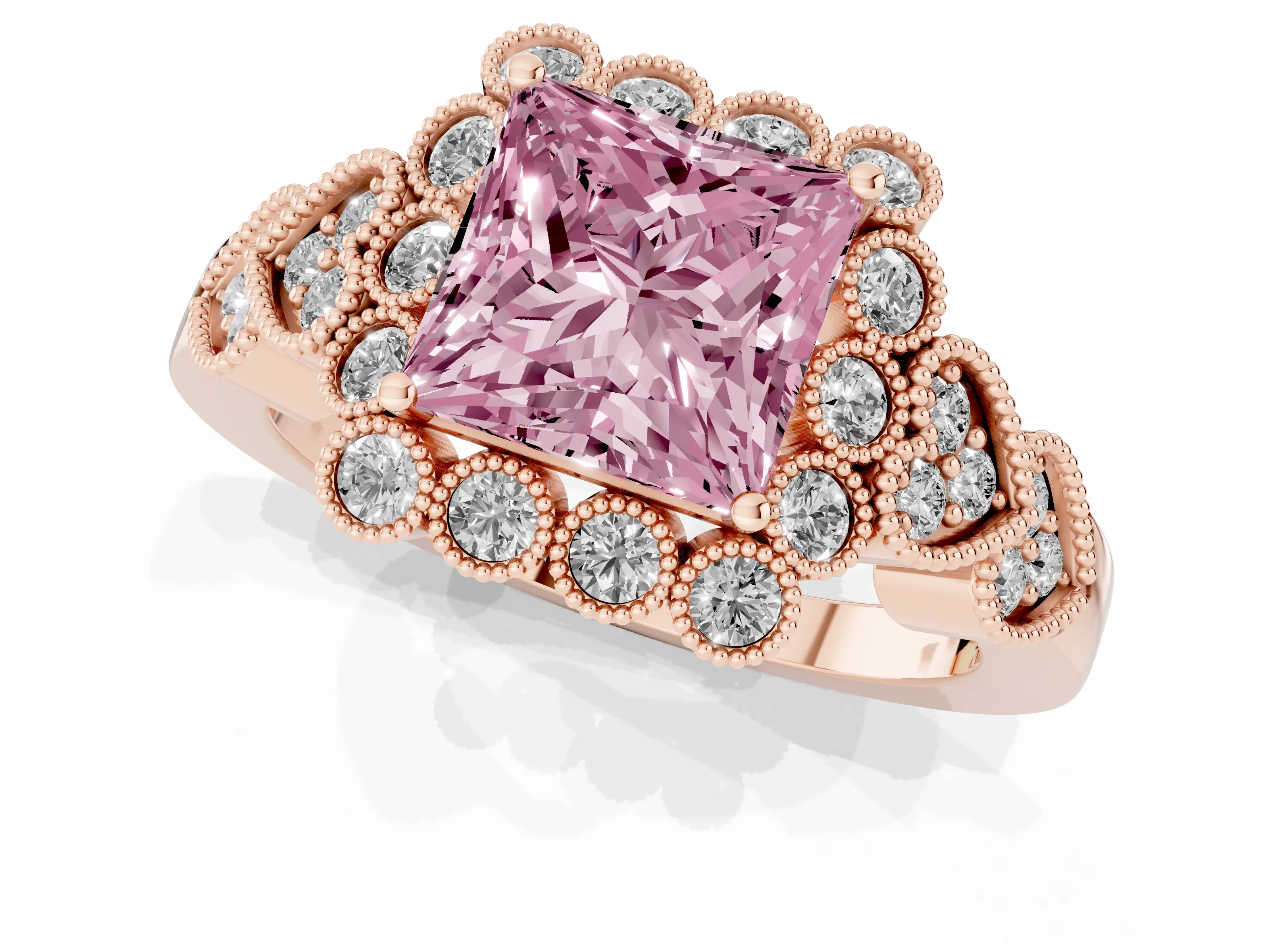 Fancy Pink Princess Cut Diamond Solitaire Ring Set in Rose gold with Milgrain Pavé Heart Band
