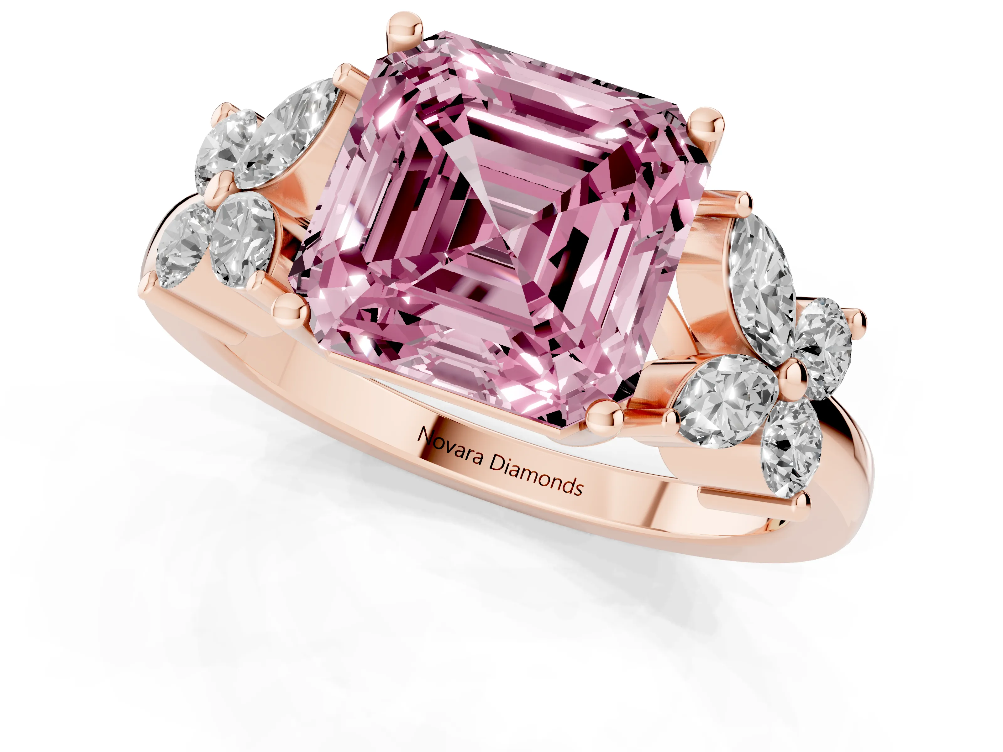 Fancy Pink Princess Cut Diamond Floral Cluster Ring Set in Rose gold with Marquise Petals and Prong Setting