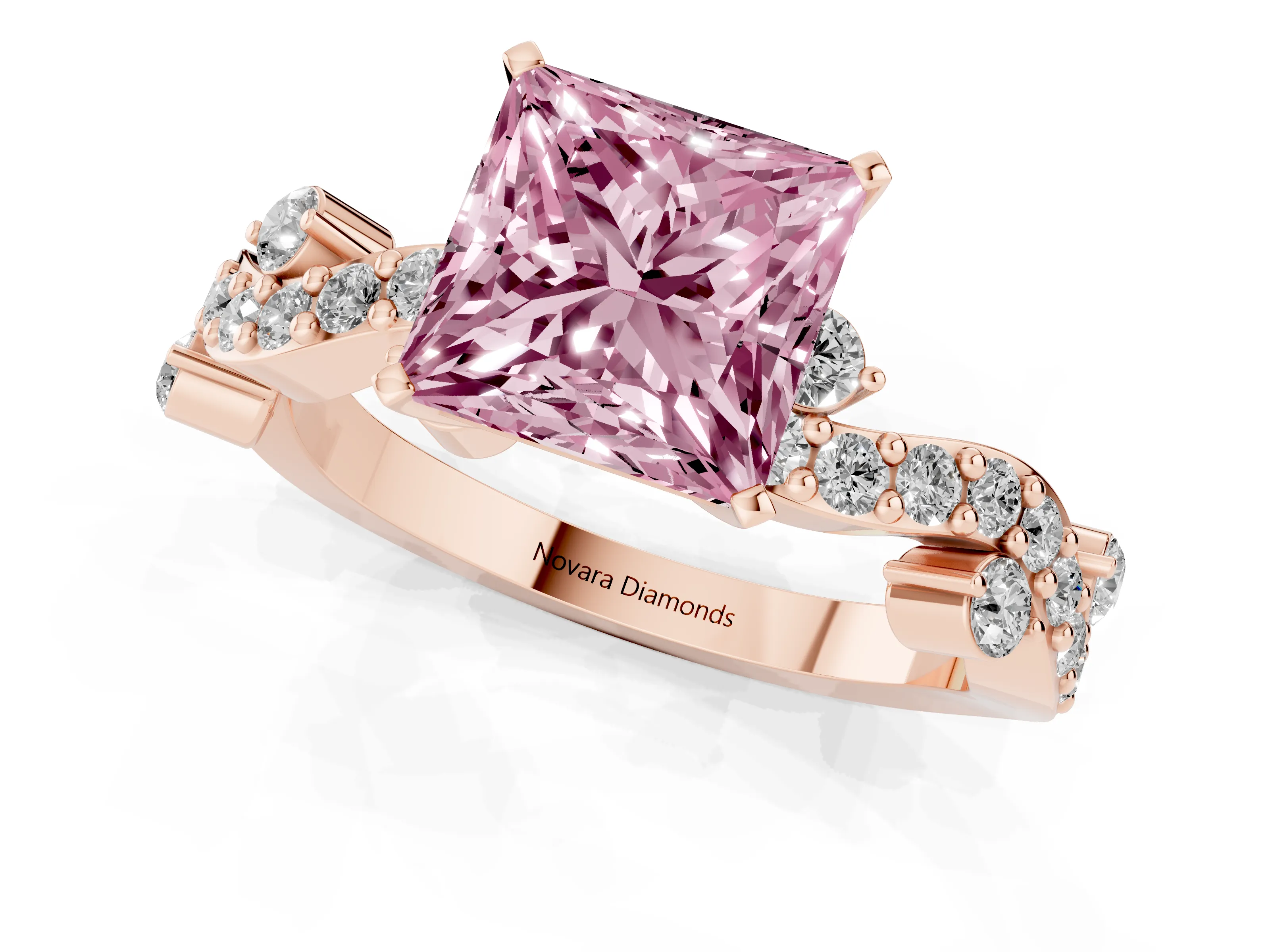 Fancy Pink Princess Cut Diamond Solitaire Twisted Band Set in Rose gold with Pavé Setting