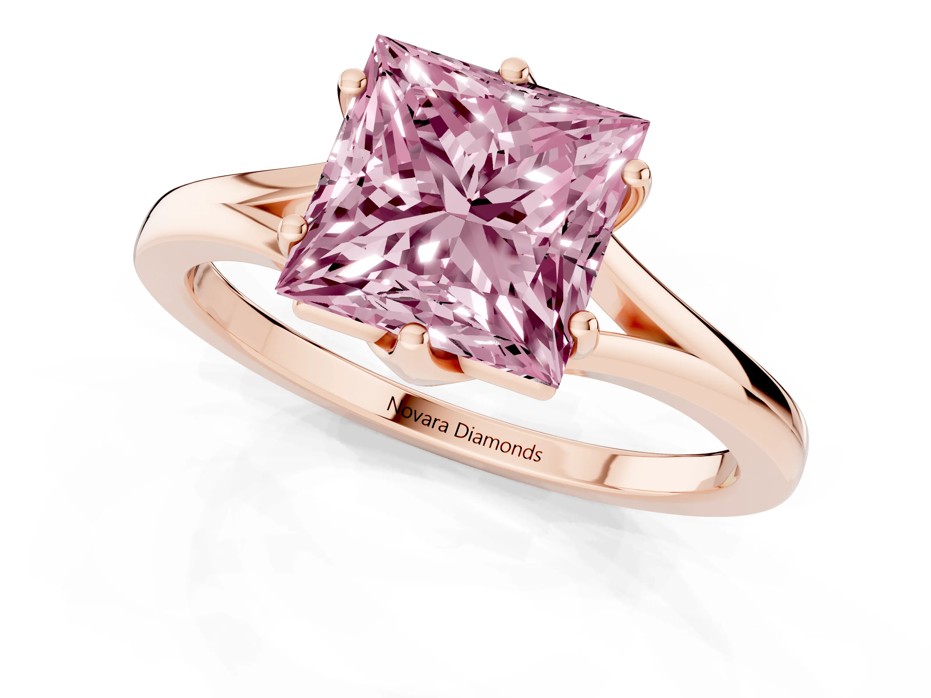 Fancy Pink Princess Cut Diamond Solitaire Ring Set in Rose gold with Polished Tapered Band and Prong Setting