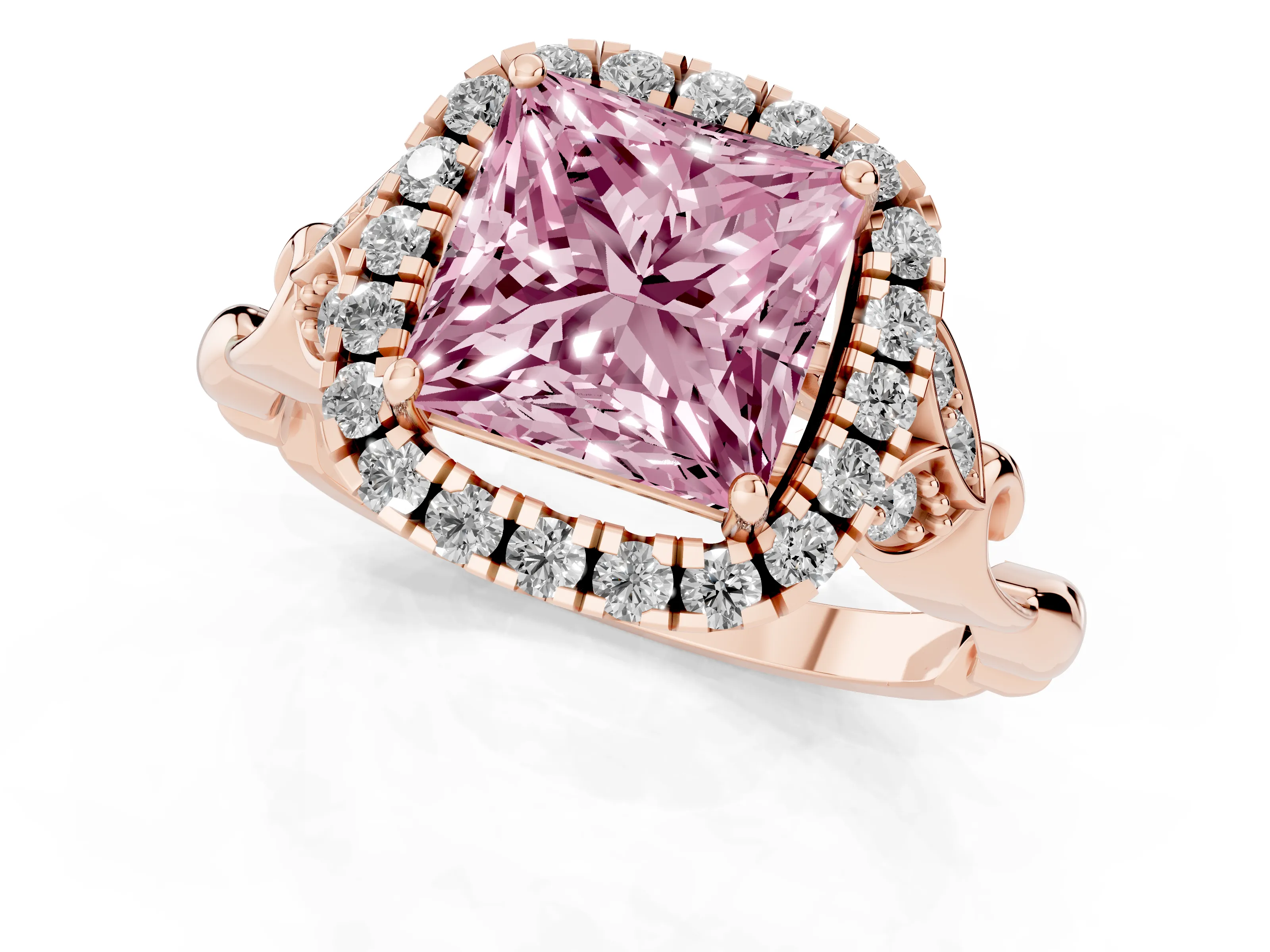 Fancy Pink Princess Cut Diamond Halo Engagement Ring Set in Rose gold with Vintage-Inspired Band and Prong Setting