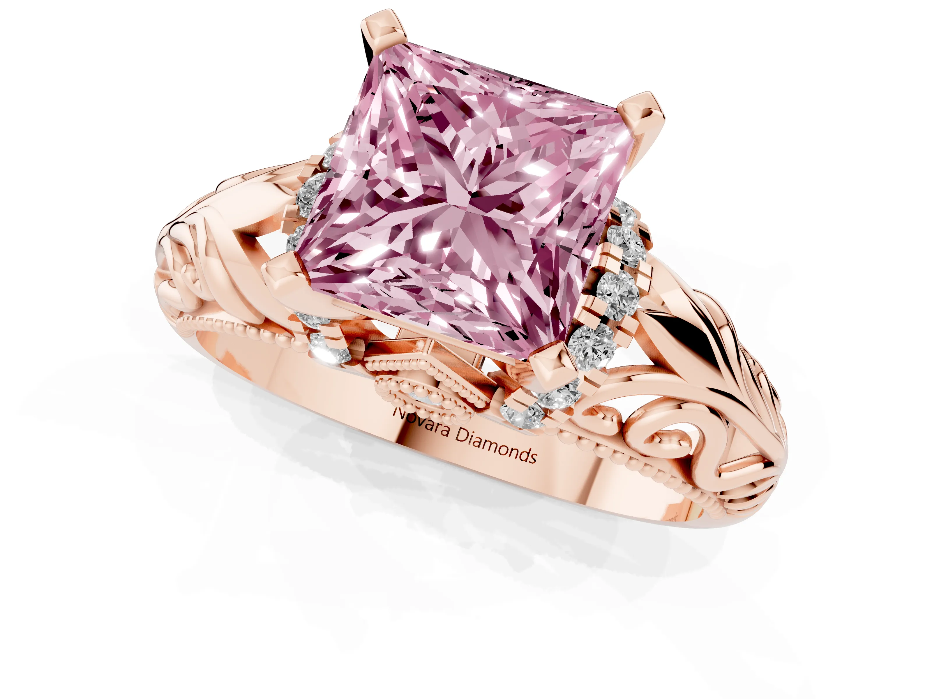 Fancy Pink Princess Cut Diamond Filigree Halo Engagement Ring Set in Rose gold with Prong Setting