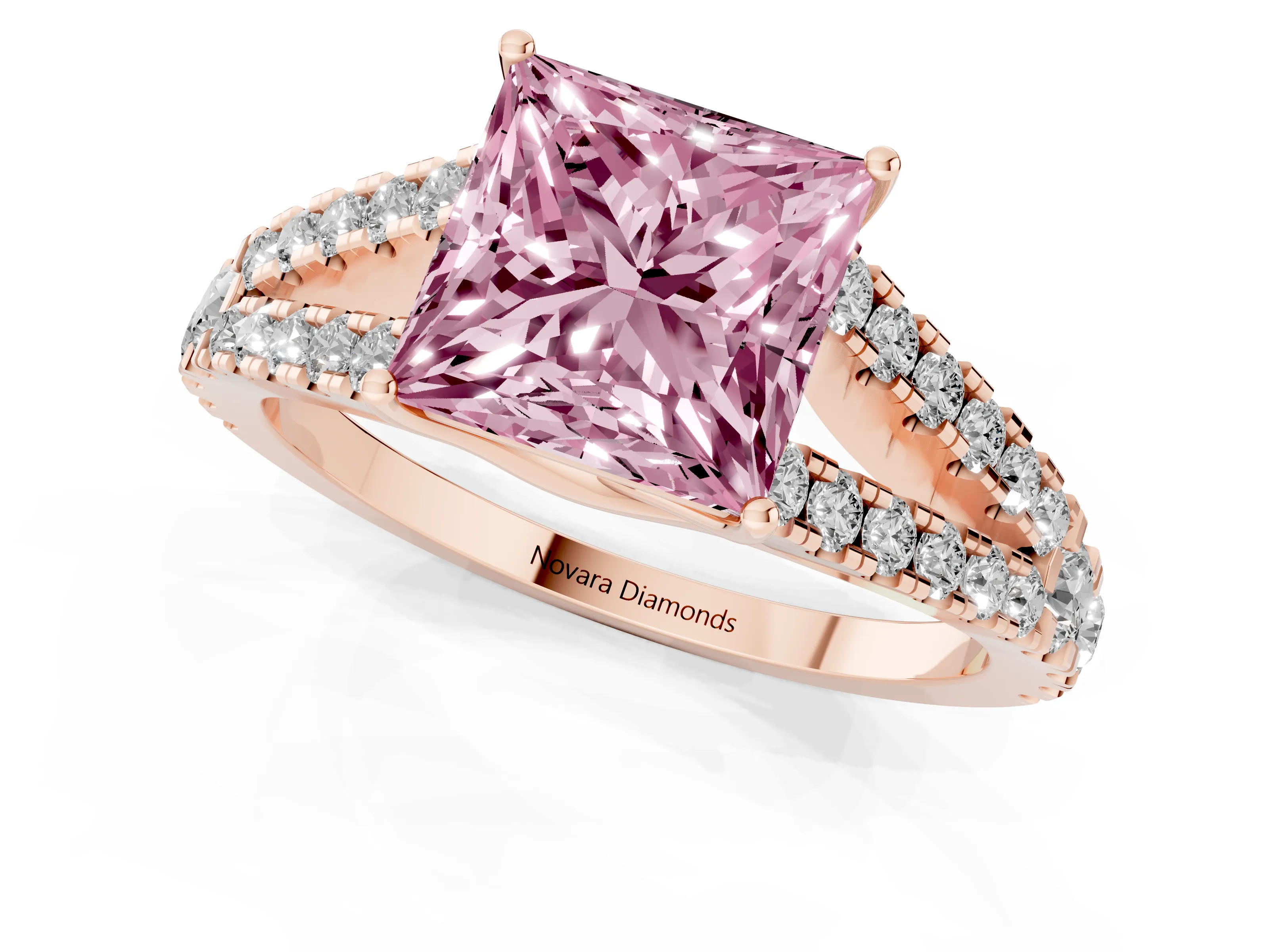 Fancy Pink Princess Cut Diamond Split Shank Pavé Engagement Ring Set in Rose gold with Prong-Held Center Stone