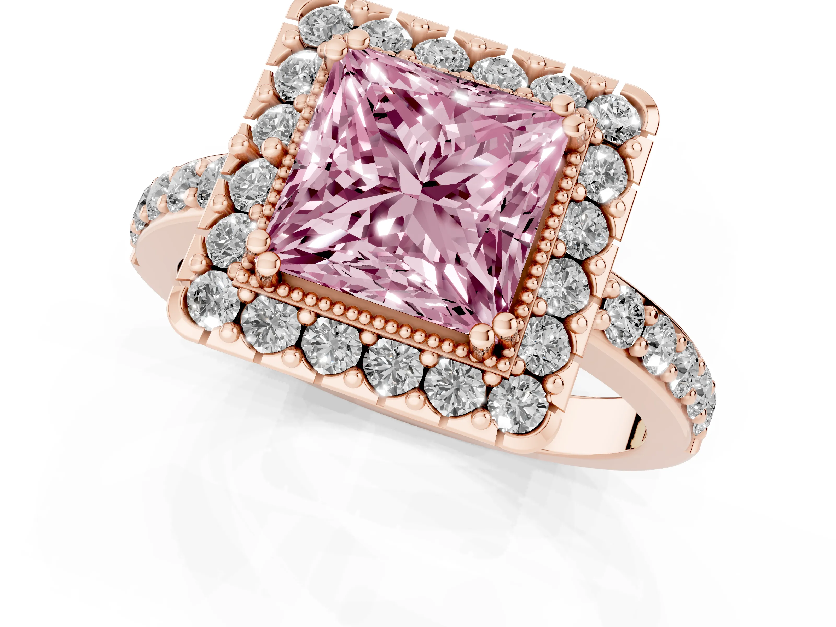 Fancy Pink Princess Cut Diamond Halo Ring Set in Rose gold with Pavé Shank and Prong Setting