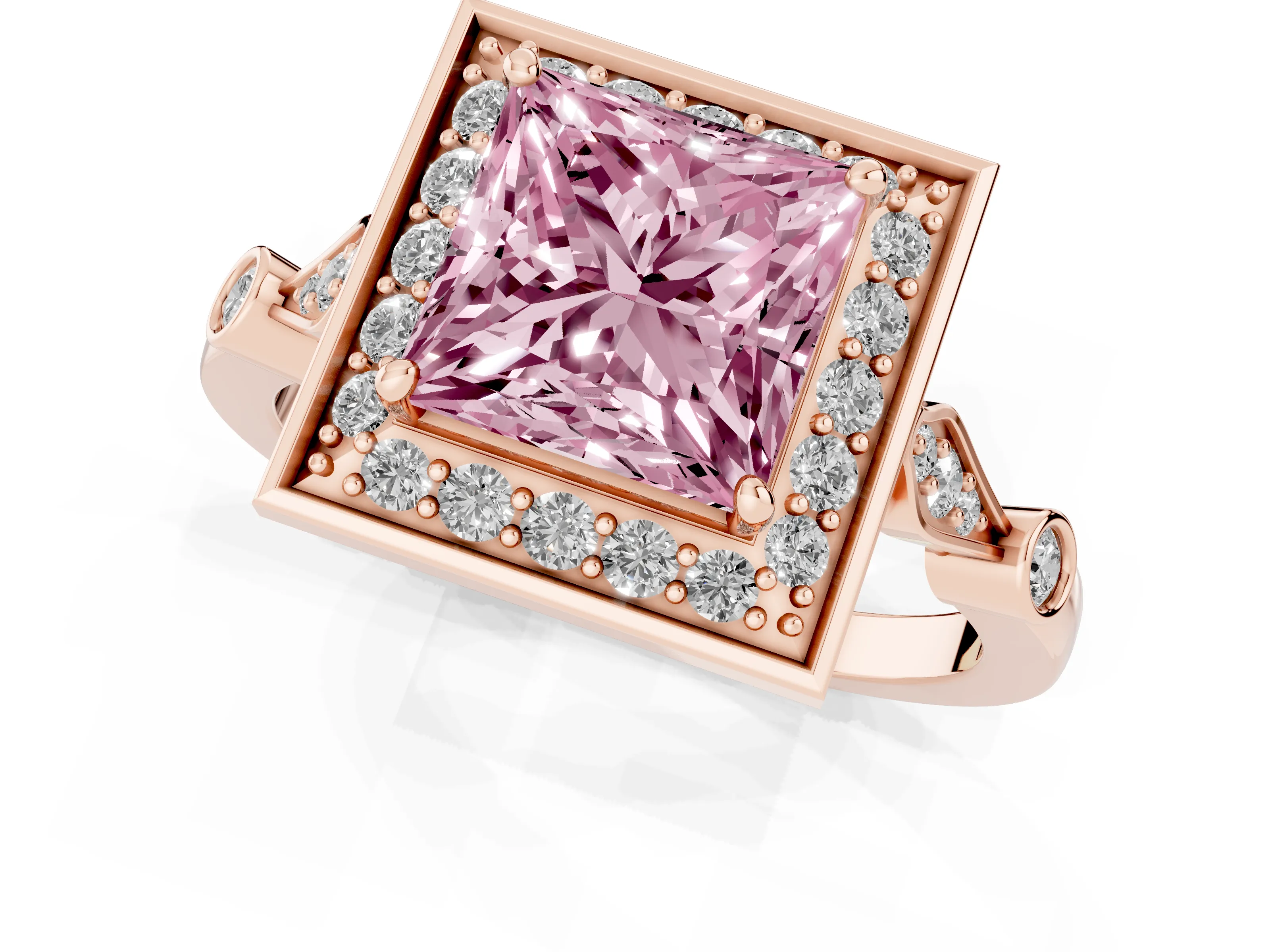 Fancy Pink Princess Cut Diamond Halo Engagement Ring Set in Rose gold with Twisted Band and Prong Setting