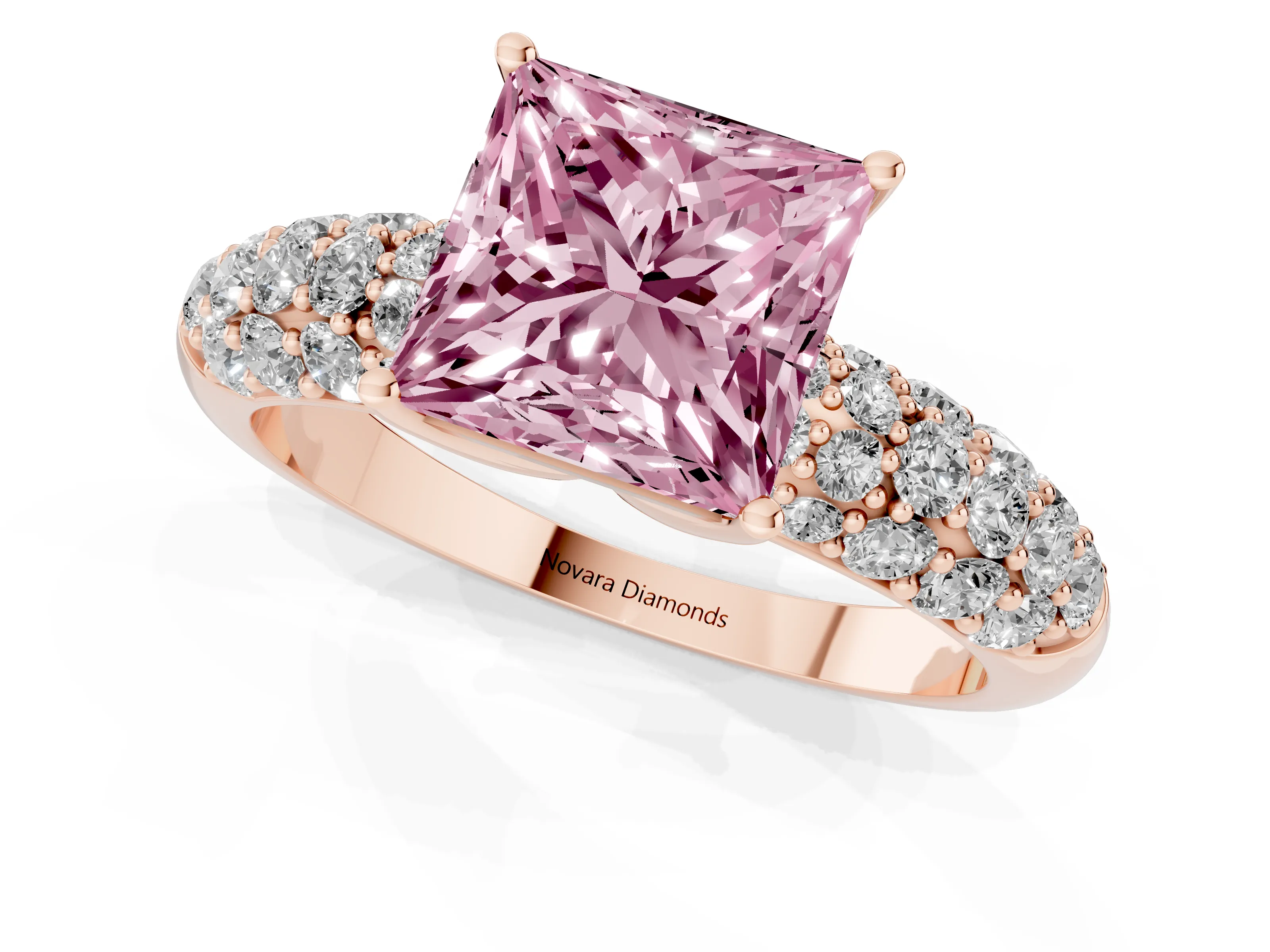Fancy Pink Princess Cut Diamond Pavé Band Solitaire Ring Set in Rose gold with Close-Set Accent Stones and Prong Setting