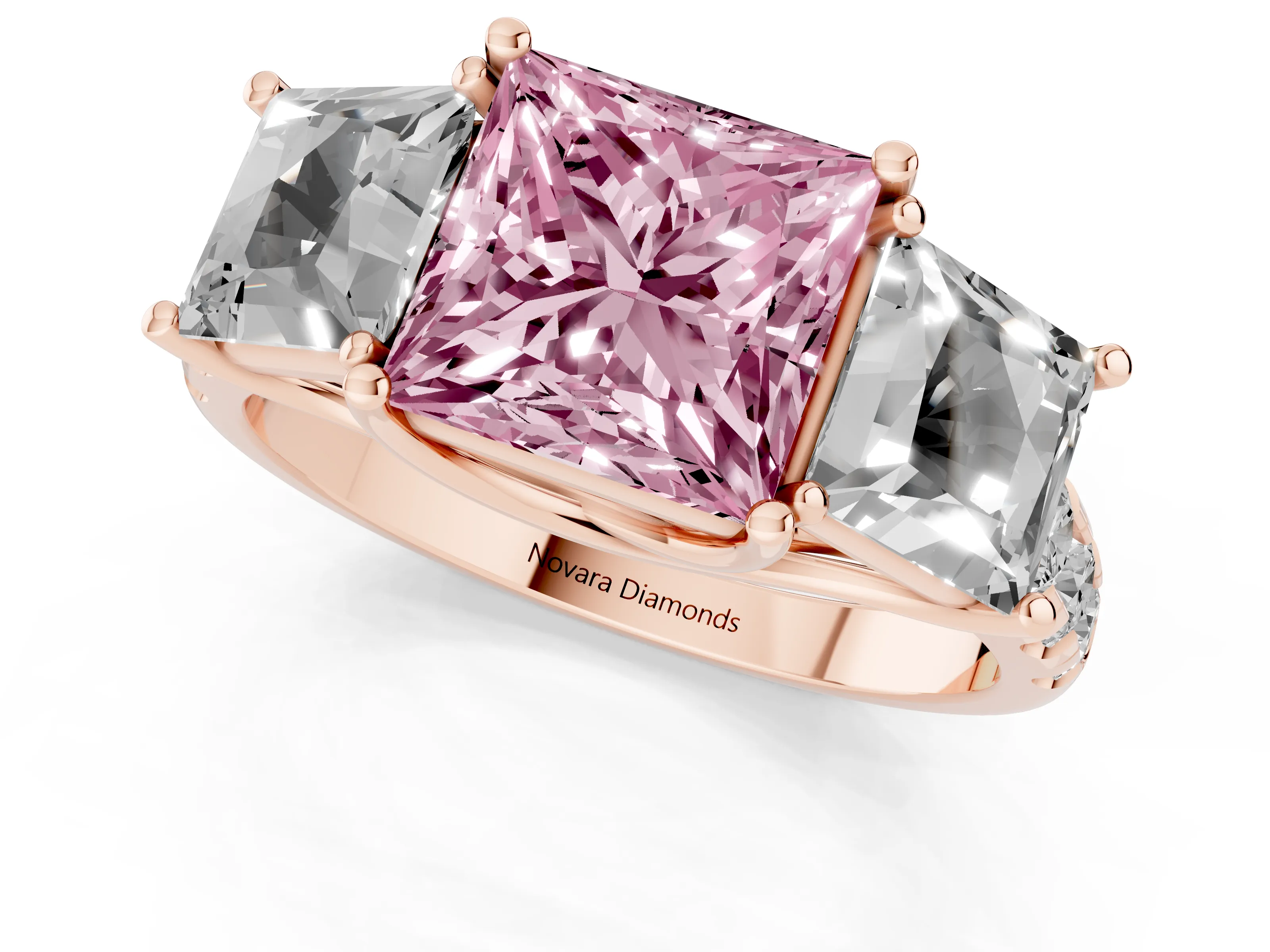 Fancy Pink Princess Cut Diamond Three-Stone Ring Set in Rose gold with Pavé Band