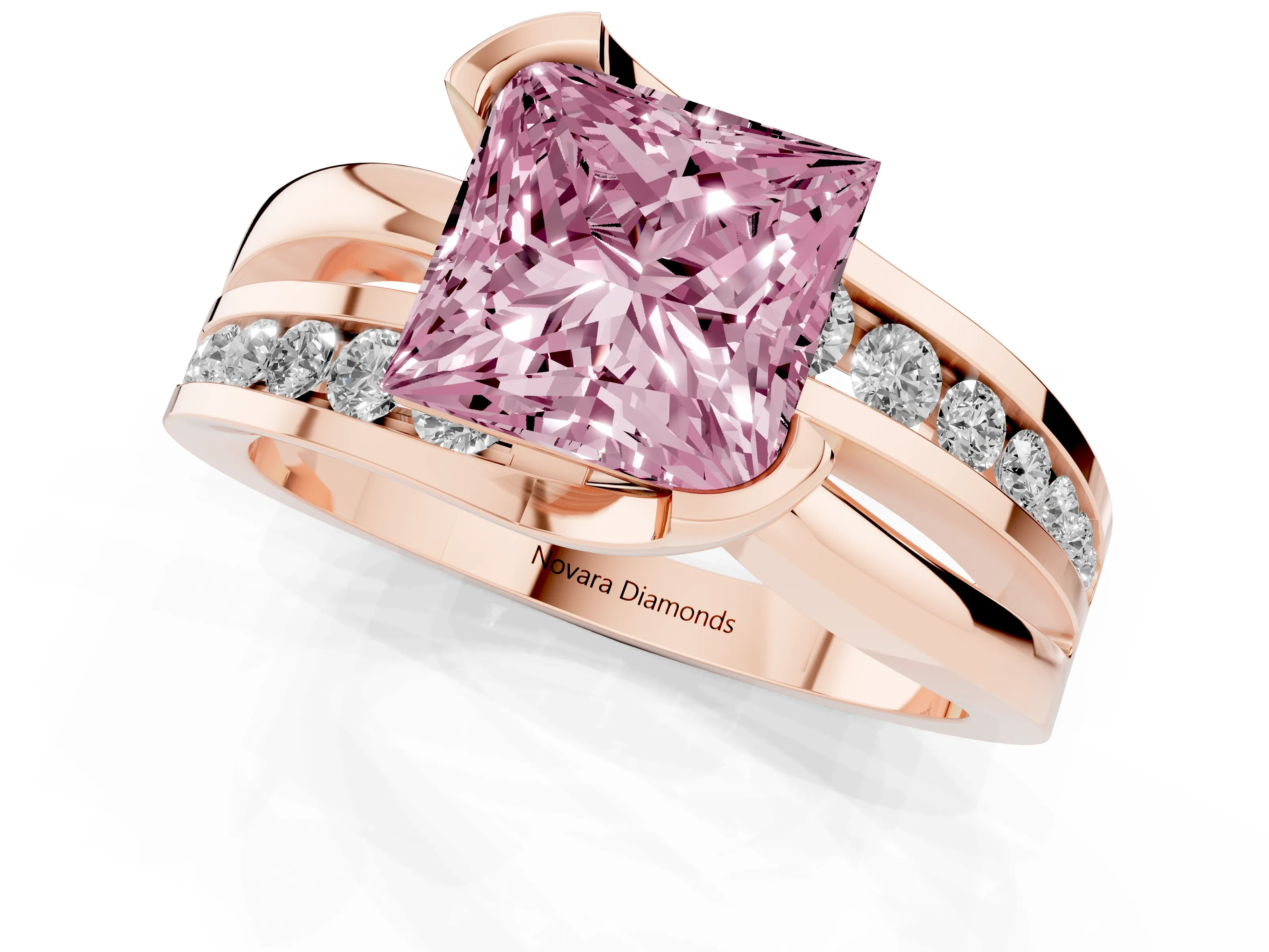 Fancy Pink Princess Cut Diamond Solitaire Ring Set in Rose gold with Channel Set Split Shank and Tension Prongs