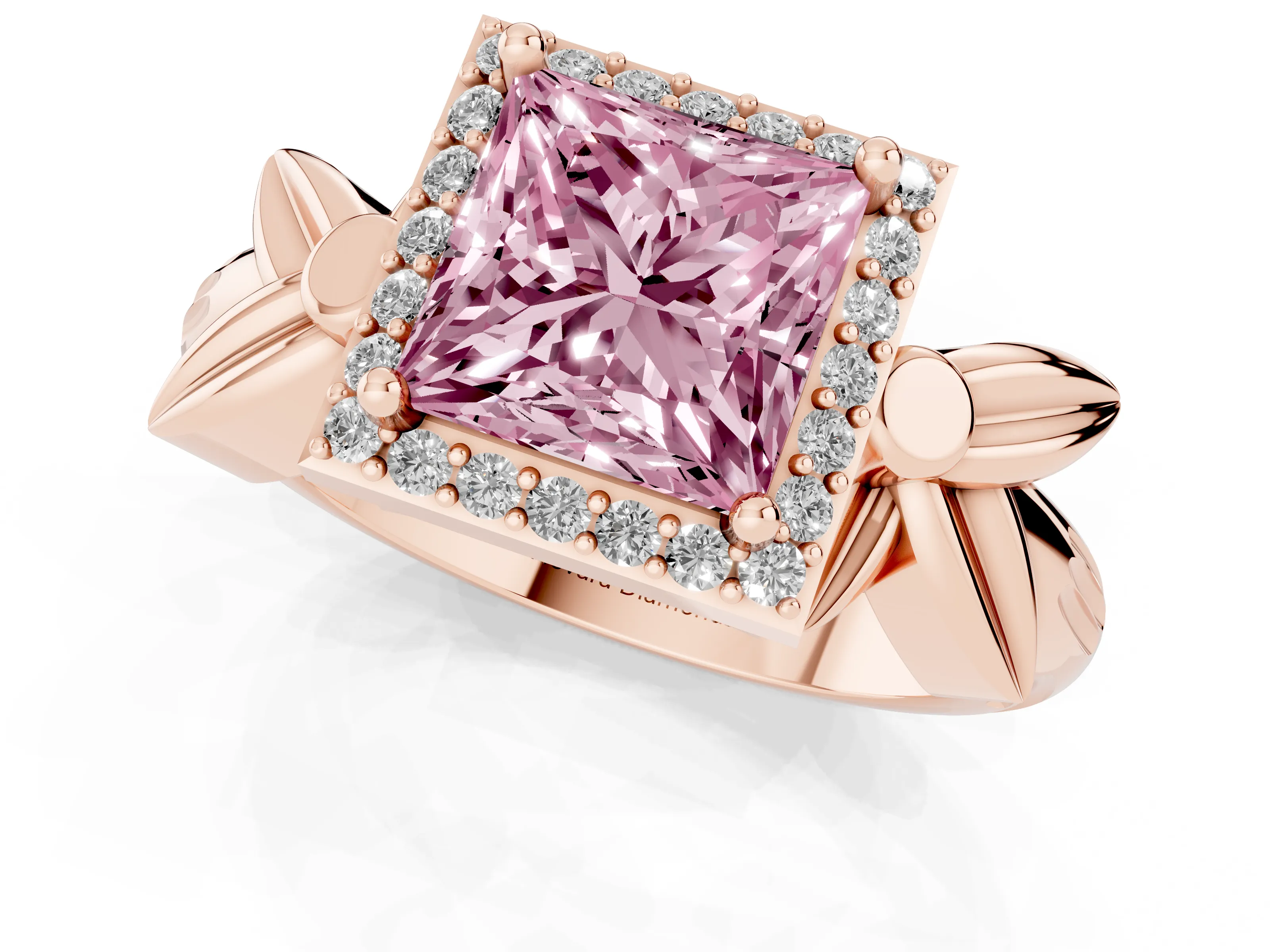 Fancy Pink Princess Cut Diamond Halo Floral Band Ring Set in Rose gold with Prong Setting