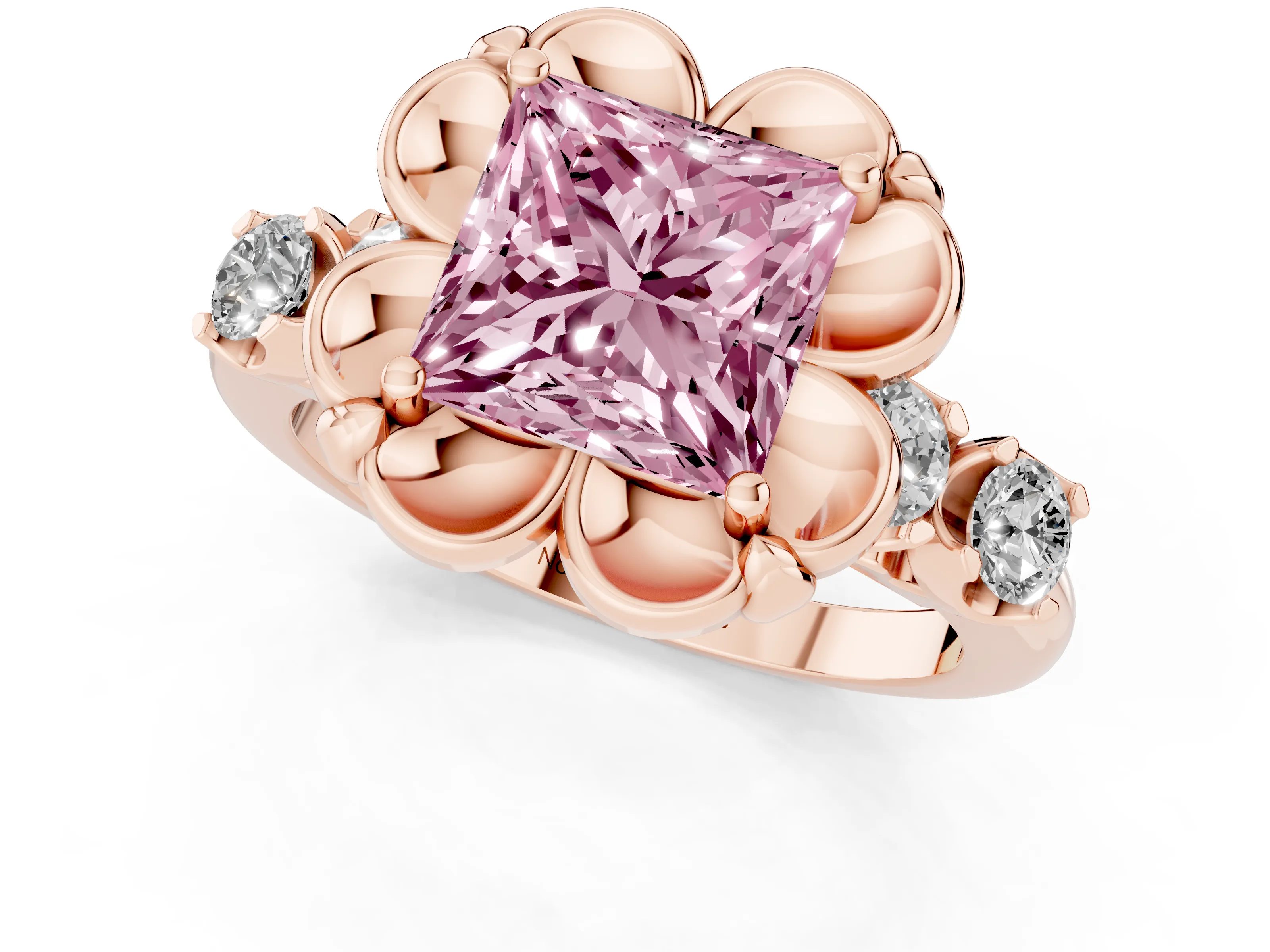 Fancy Pink Princess Cut Diamond Floral Halo Ring Set in Rose gold with Shared Prong Band