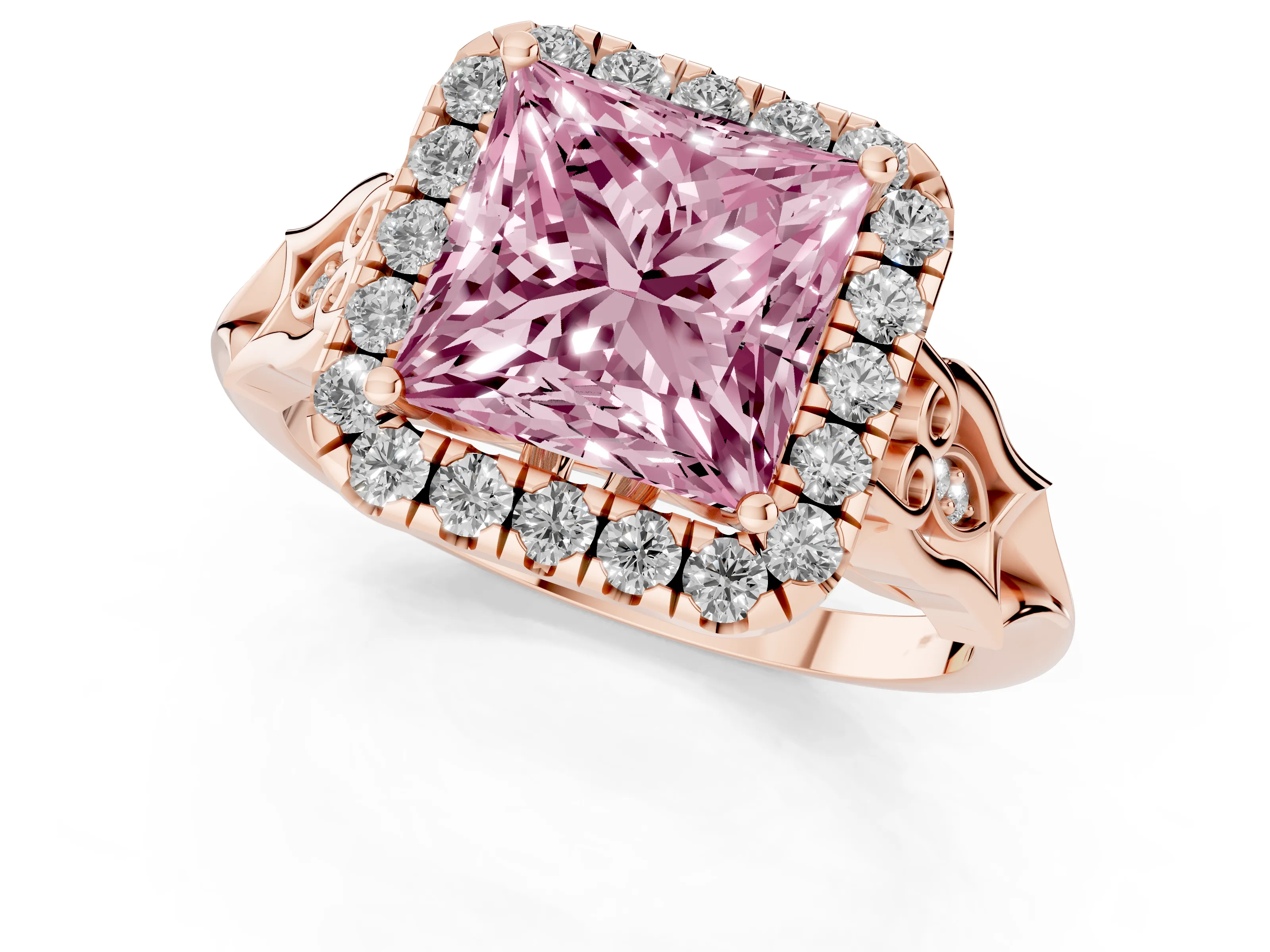 Fancy Pink Princess Cut Diamond Halo Engagement Ring Set in Rose gold with Filigree Band and Prong-Set Center
