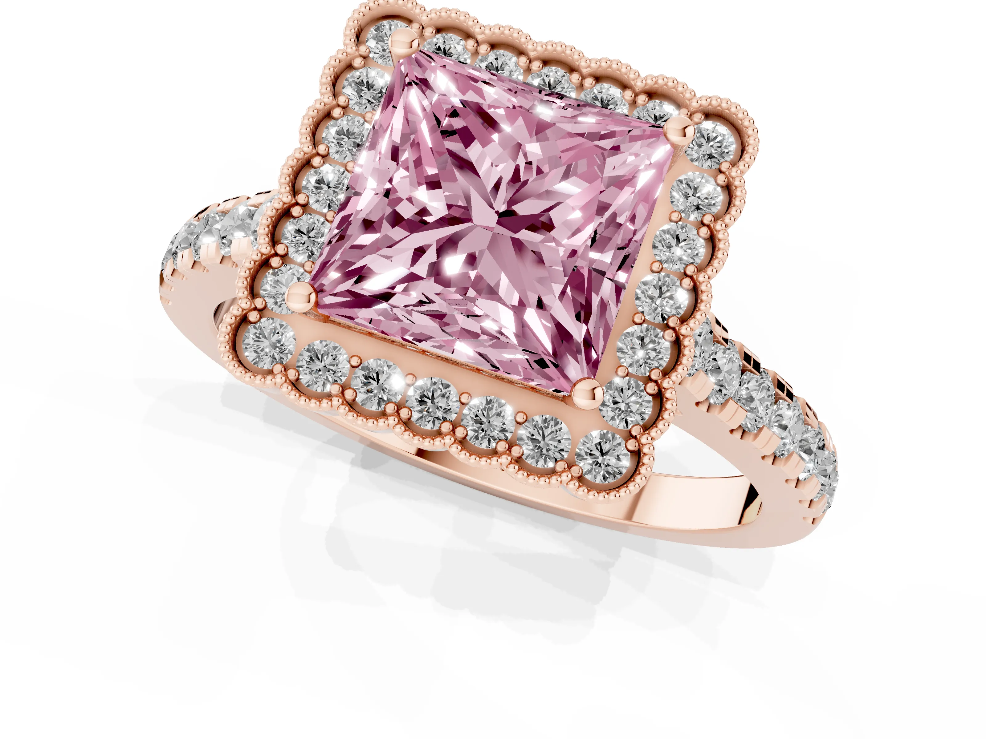 Fancy Pink Princess Cut Diamond Milgrain Floral Halo Engagement Ring Set in Rose gold with Pavé Band