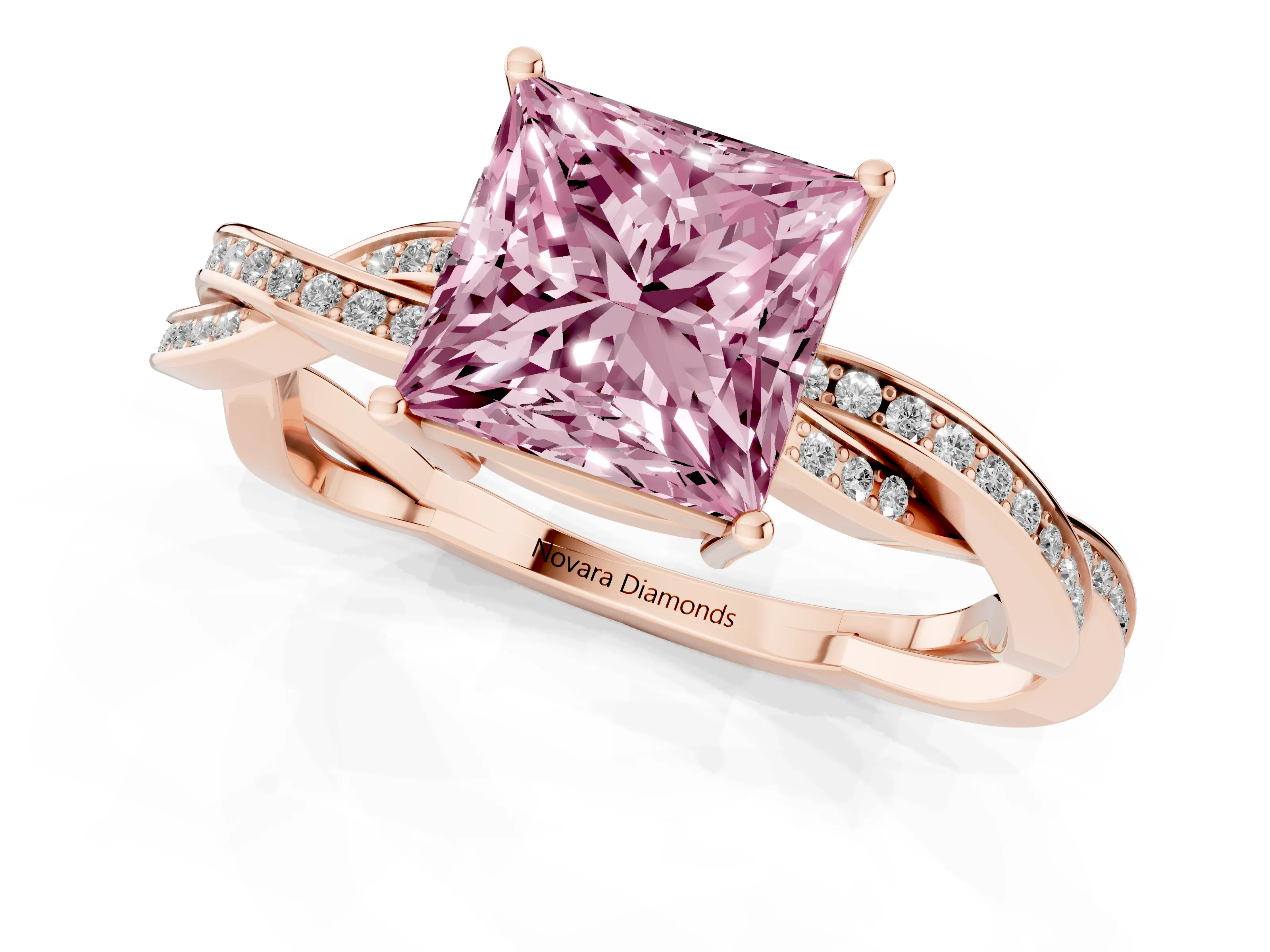 Fancy Pink Princess Cut Diamond Solitaire Twisted Pavé Ring Set in Rose gold with Prong Setting