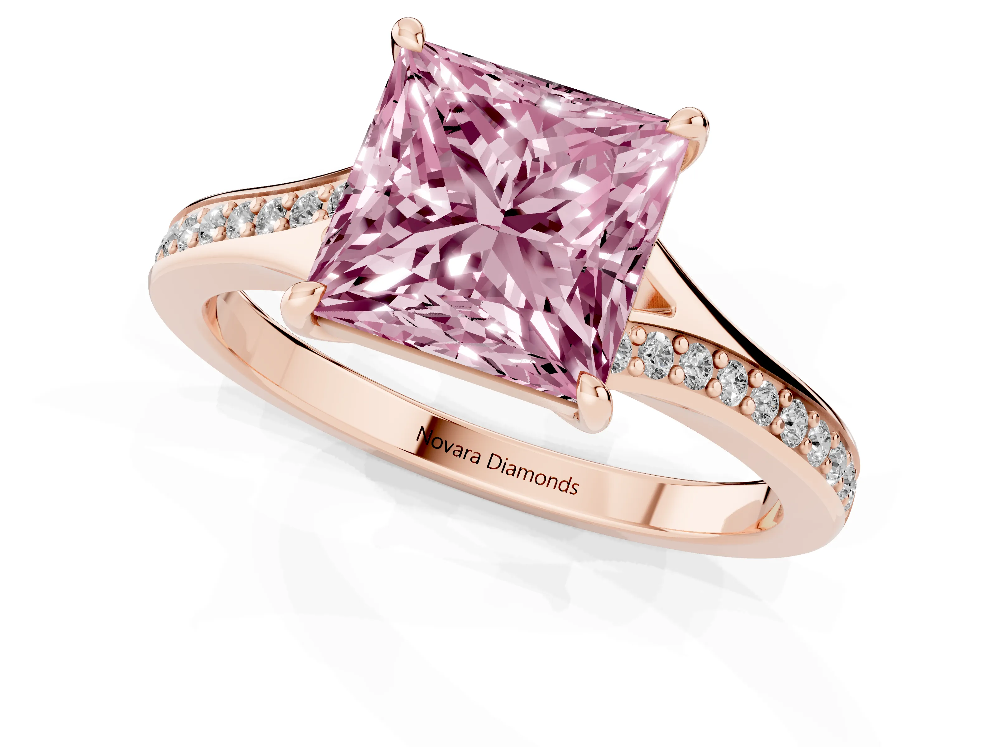 Fancy Pink Princess Cut Diamond Solitaire Ring Set in Rose gold with Pavé Accent Band and Classic Prong Setting