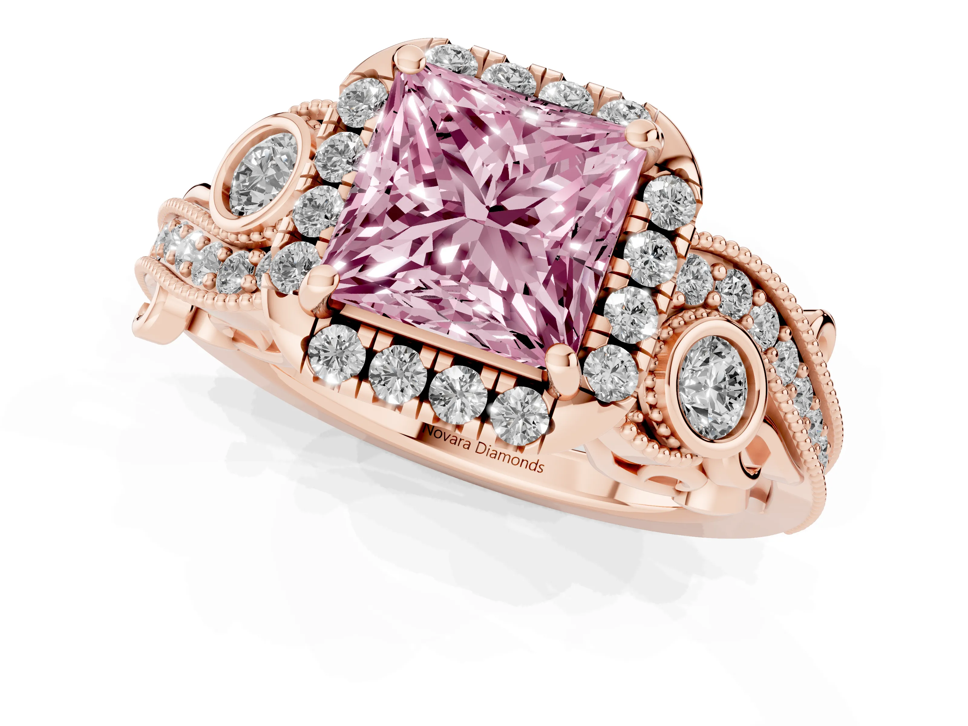 Fancy Pink Princess Cut Diamond Halo Split Shank Ring Set in Rose gold with Milgrain and Bezel Accents