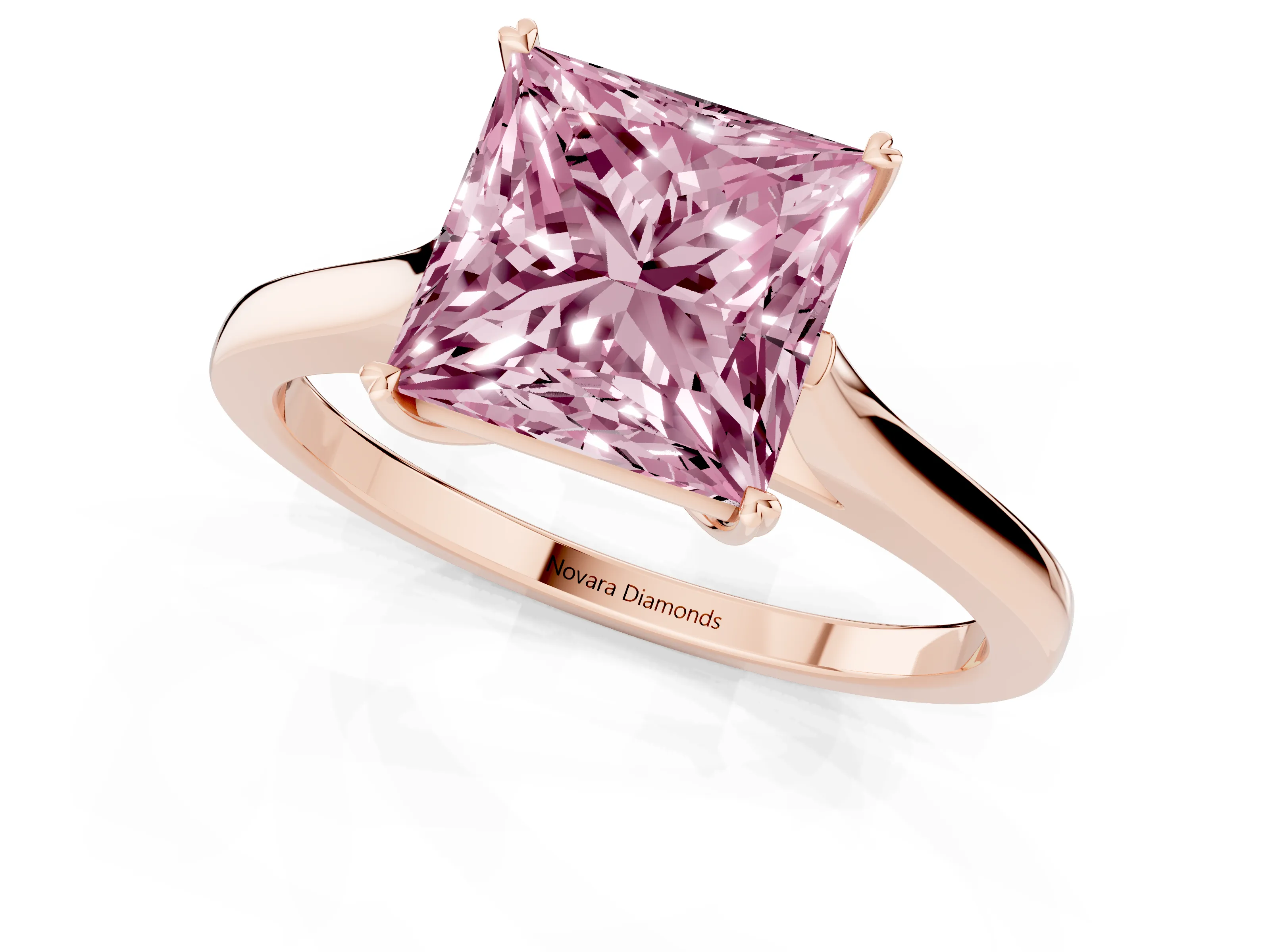 Fancy Pink Princess Cut Diamond Solitaire Heart Prong Engagement Ring Set in Rose gold with Tapered Band
