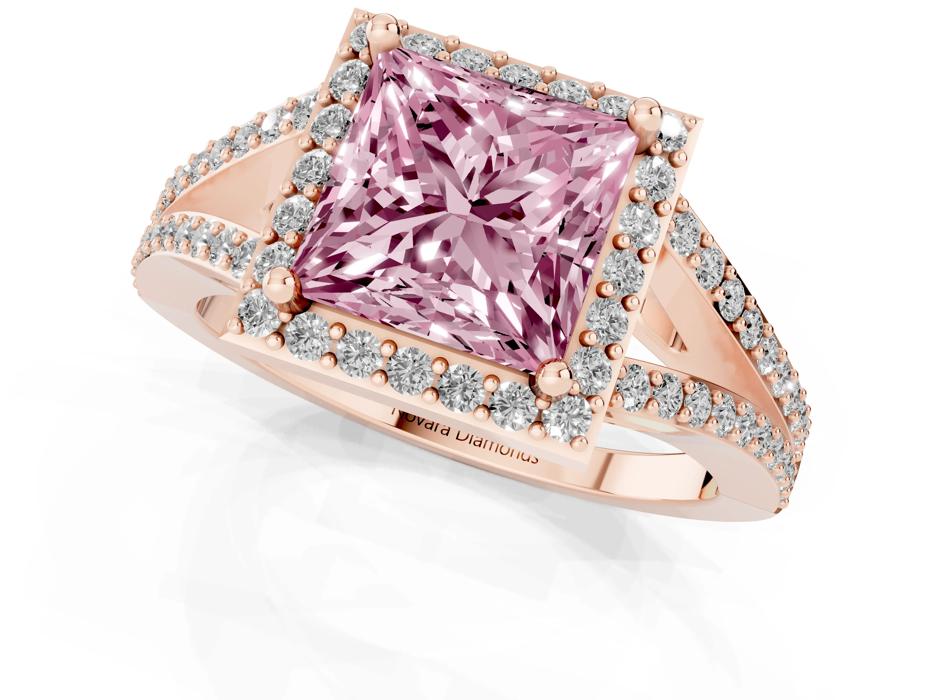 Fancy Pink Princess Cut Diamond Halo Split Shank Pavé Ring Set in Rose gold with Prong Setting