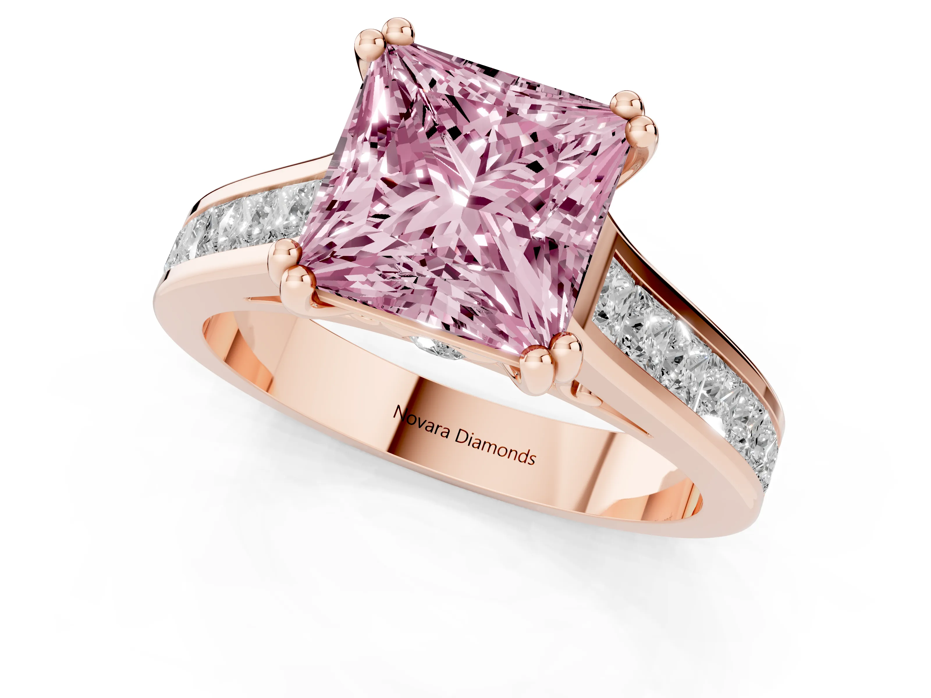 Fancy Pink Princess Cut Diamond Channel Set Solitaire Engagement Ring Set in Rose gold with Prong Setting