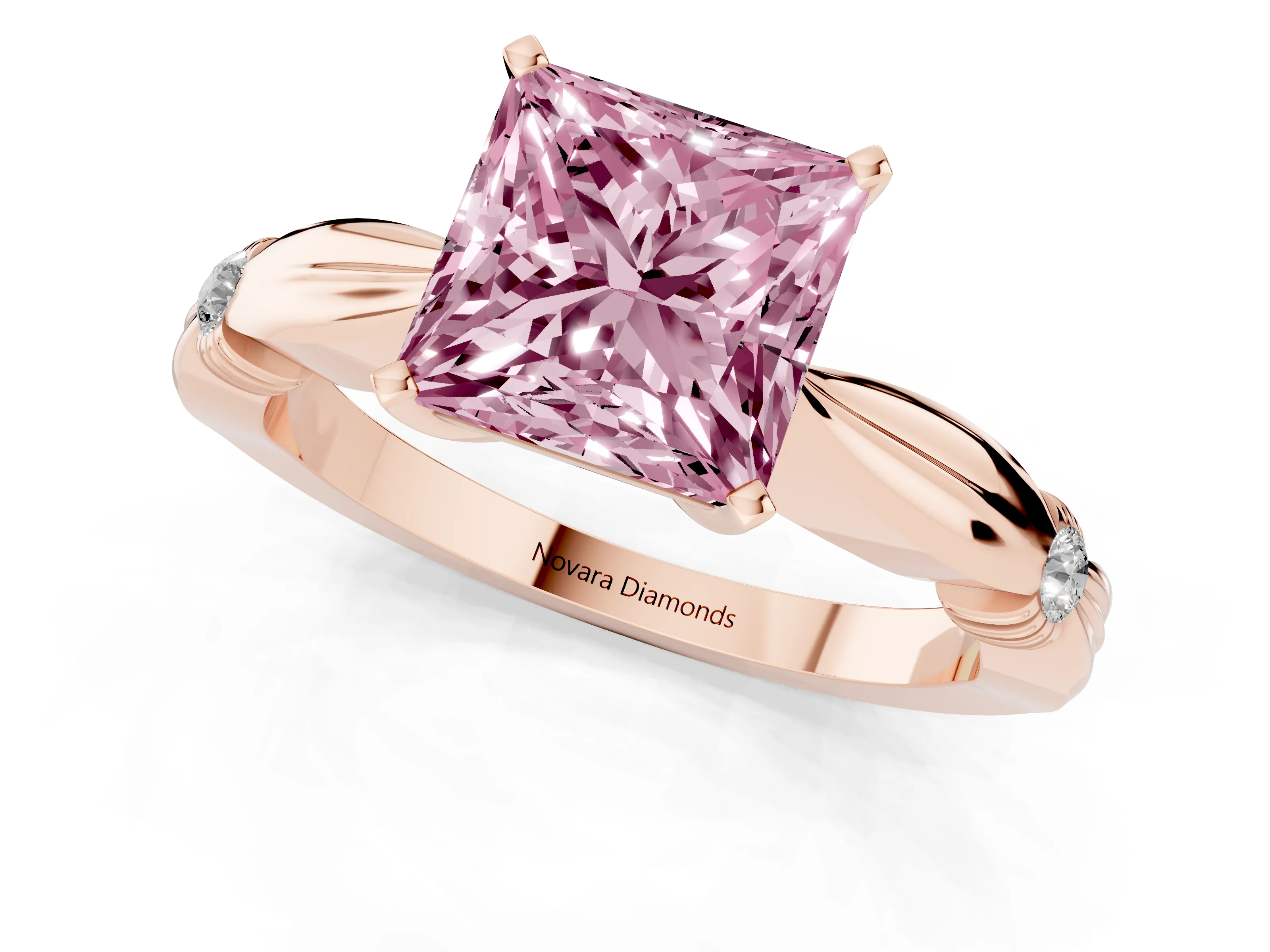 Fancy Pink Princess Cut Diamond Solitaire Twisted Band Ring Set in Rose gold with Accent Stones and Prong Setting