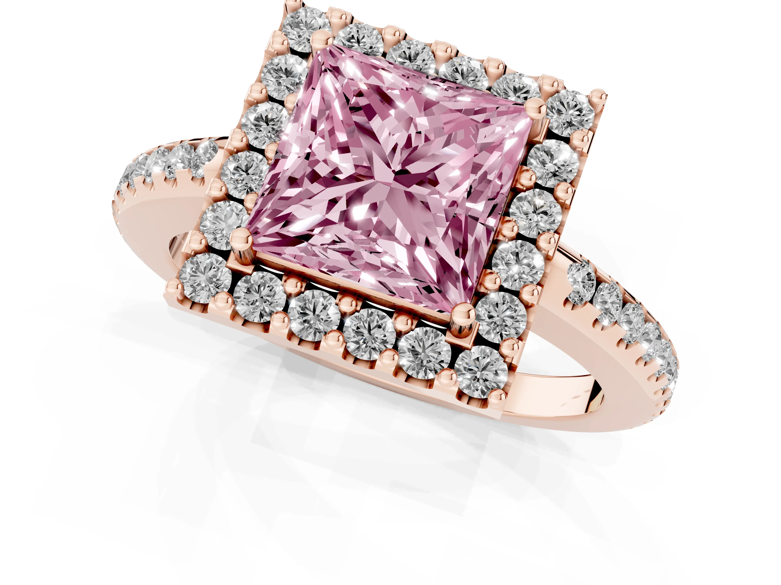 Fancy Pink Princess Cut Diamond Pavé Halo Ring Set in Rose gold with Prong Setting