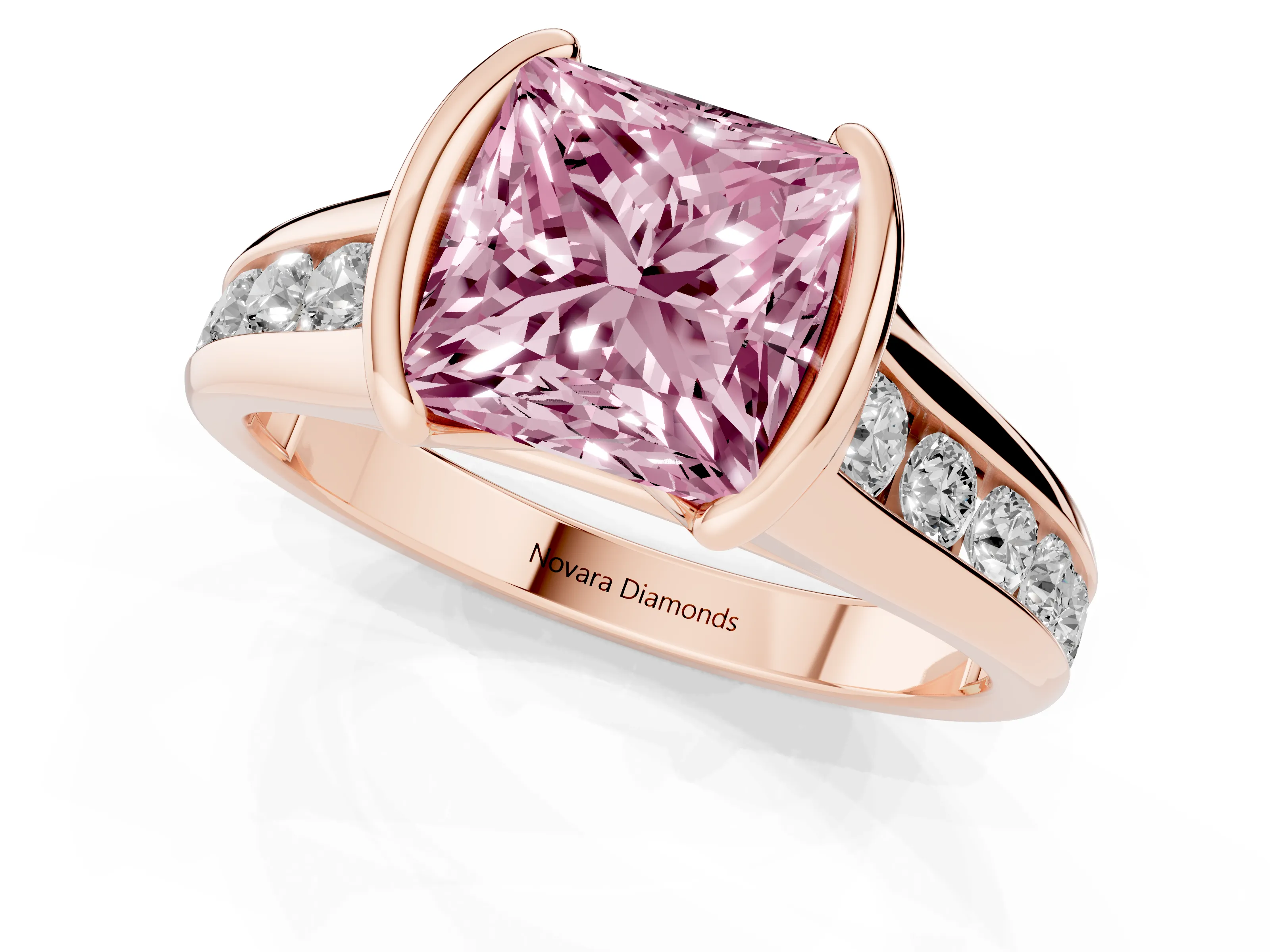 Fancy Pink Princess Cut Diamond Bezel-Set Solitaire Ring Set in Rose gold with Channel-Set Band