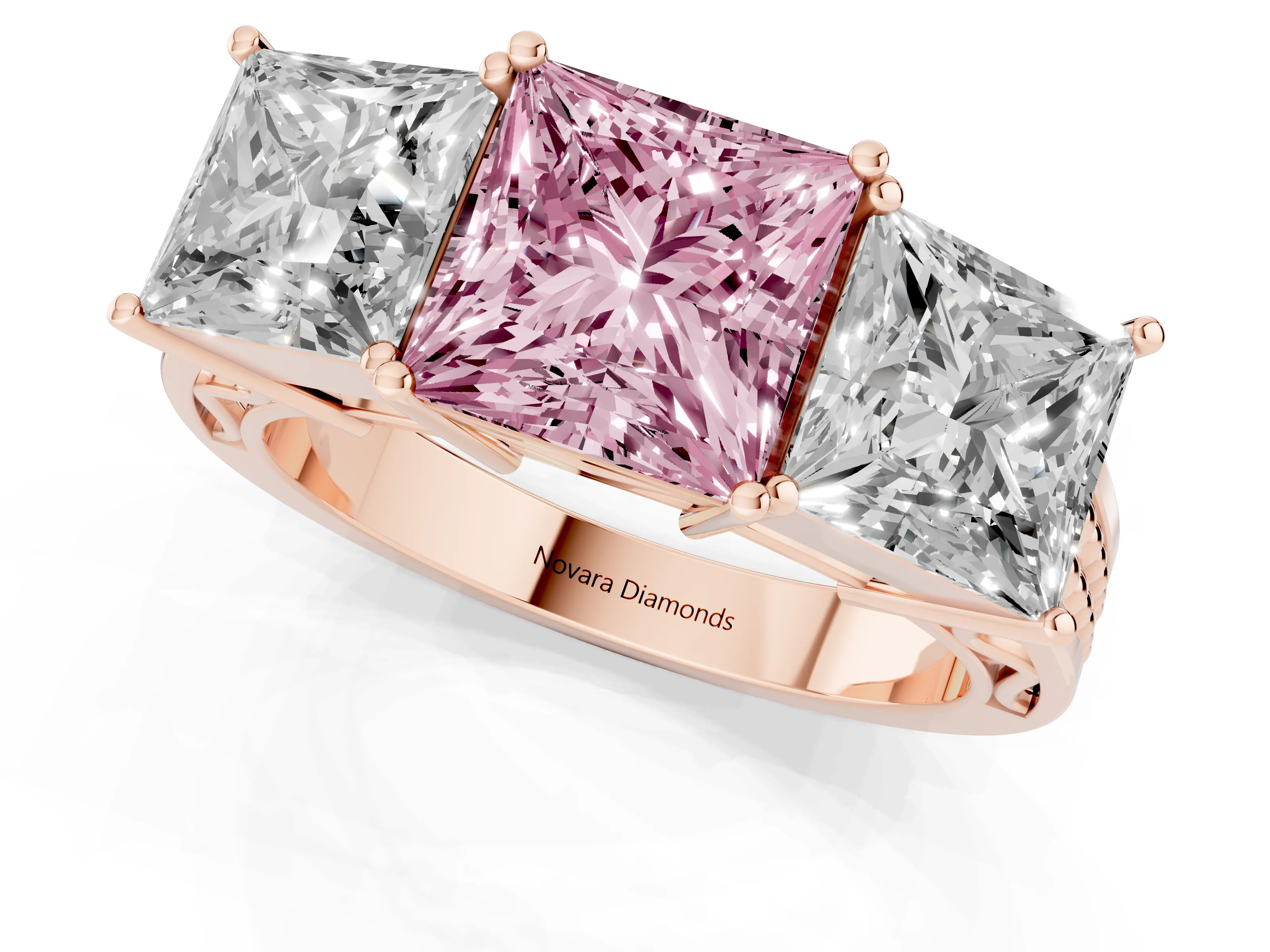 Fancy Pink Princess Cut Diamond Three-Stone Ring Set in Rose gold with Textured Band