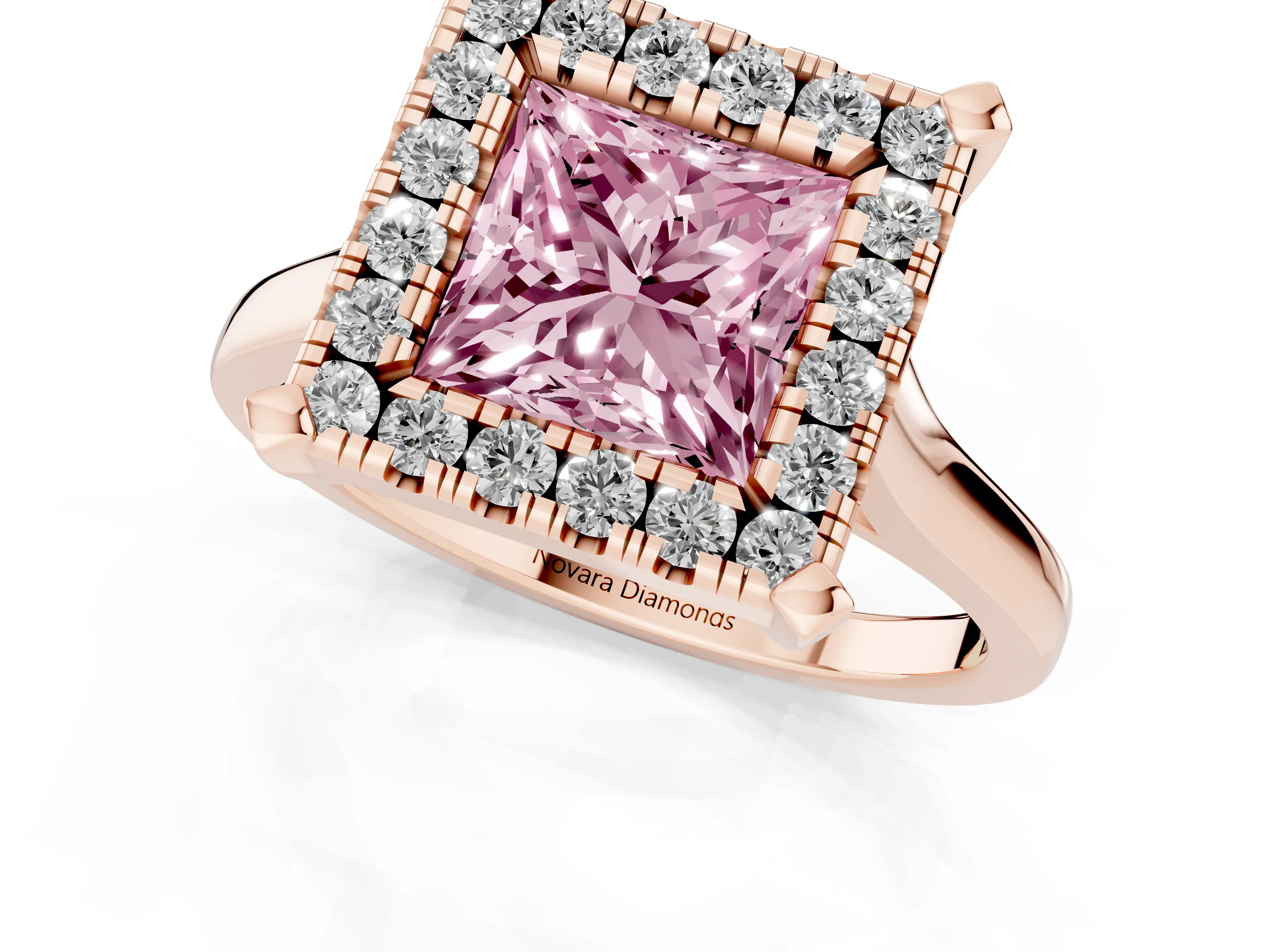 Fancy Pink Princess Cut Diamond Cluster Halo Solitaire Ring Set in Rose gold with Prong Setting