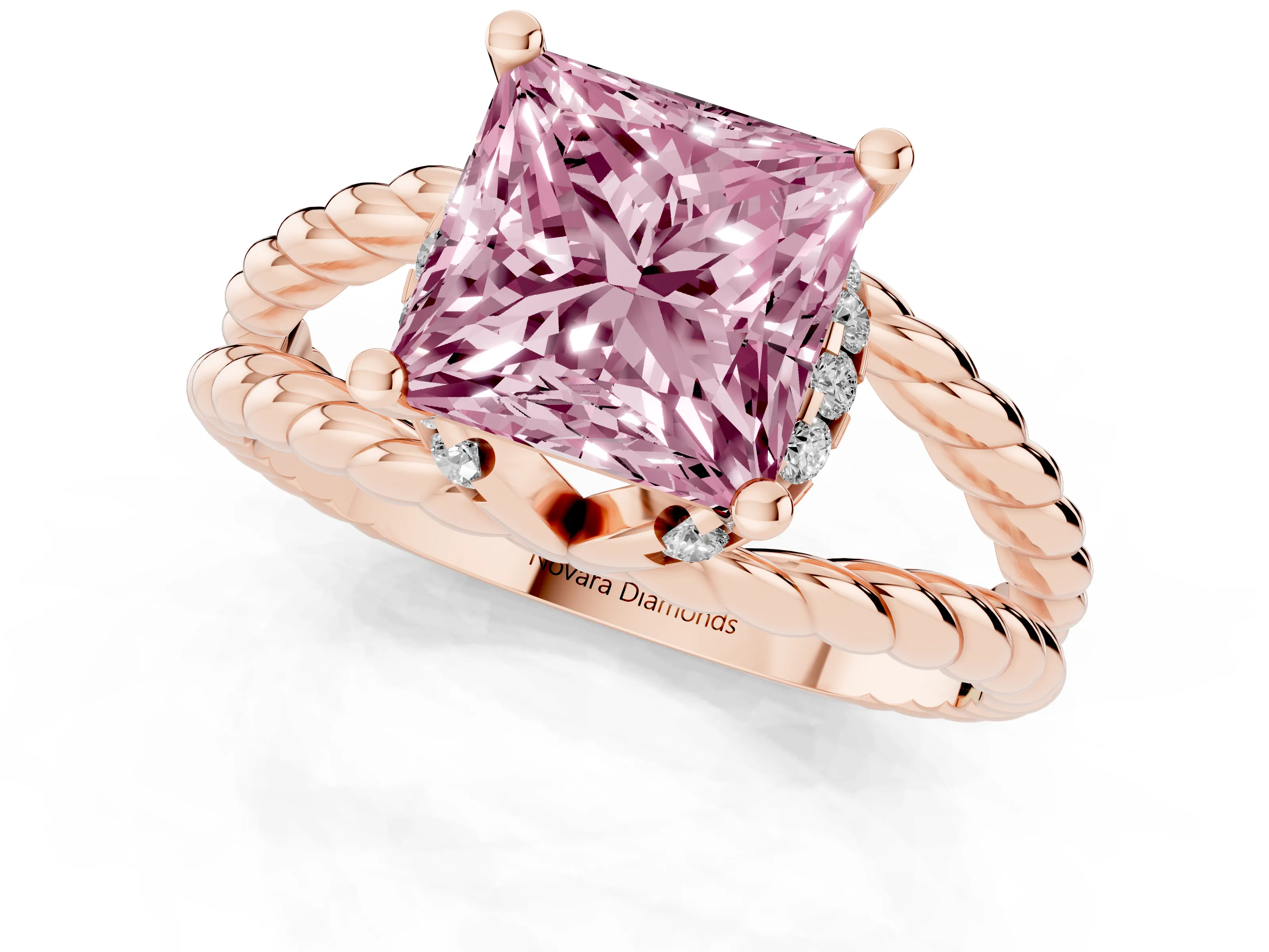 Fancy Pink Princess Cut Diamond Halo Ring Set in Rose gold with Twisted Band and Prong Setting