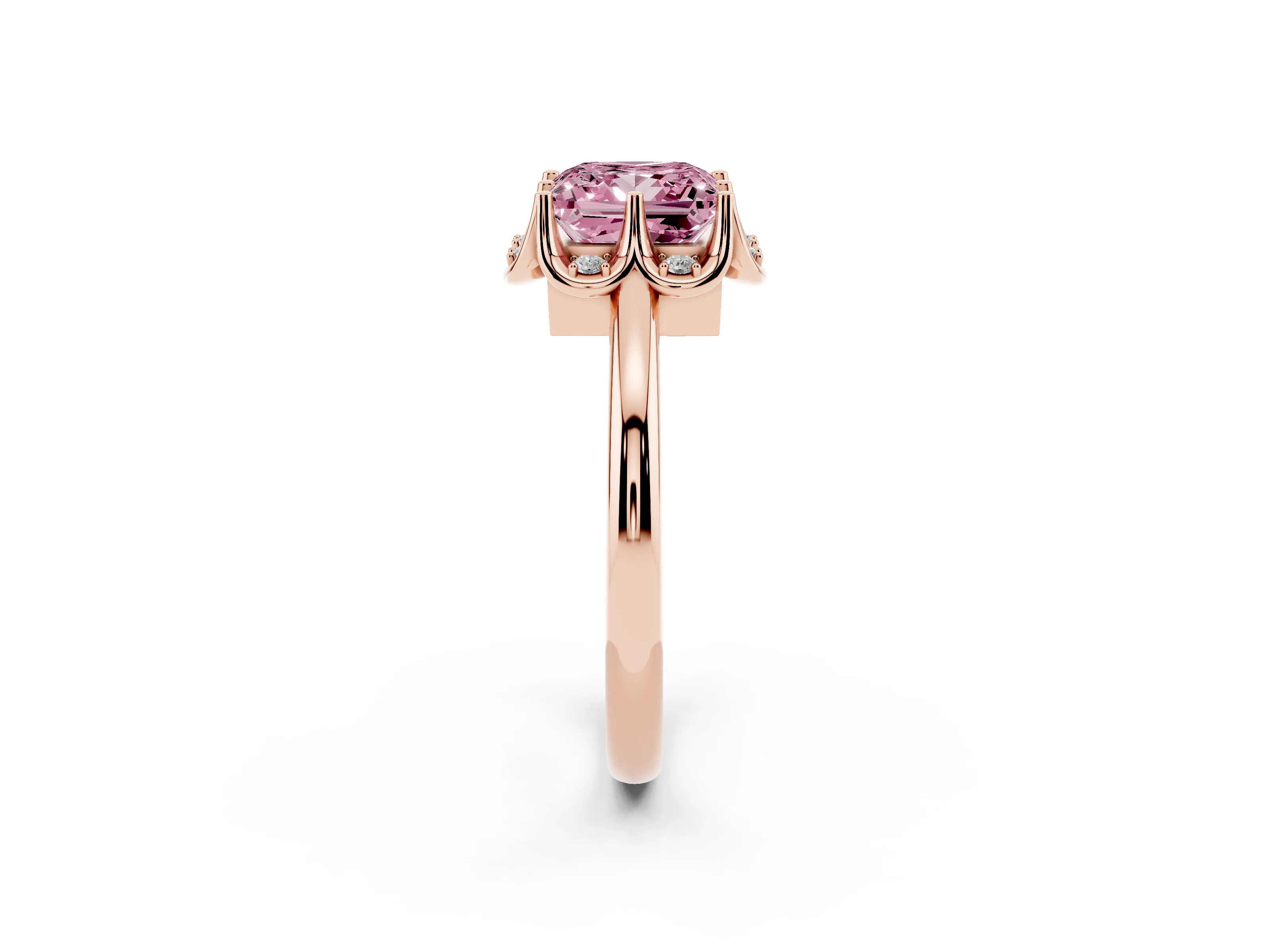 Fancy Pink Princess Cut Diamond Round Cluster Halo Ring Set in Rose gold with Solitaire Band and Prong Setting