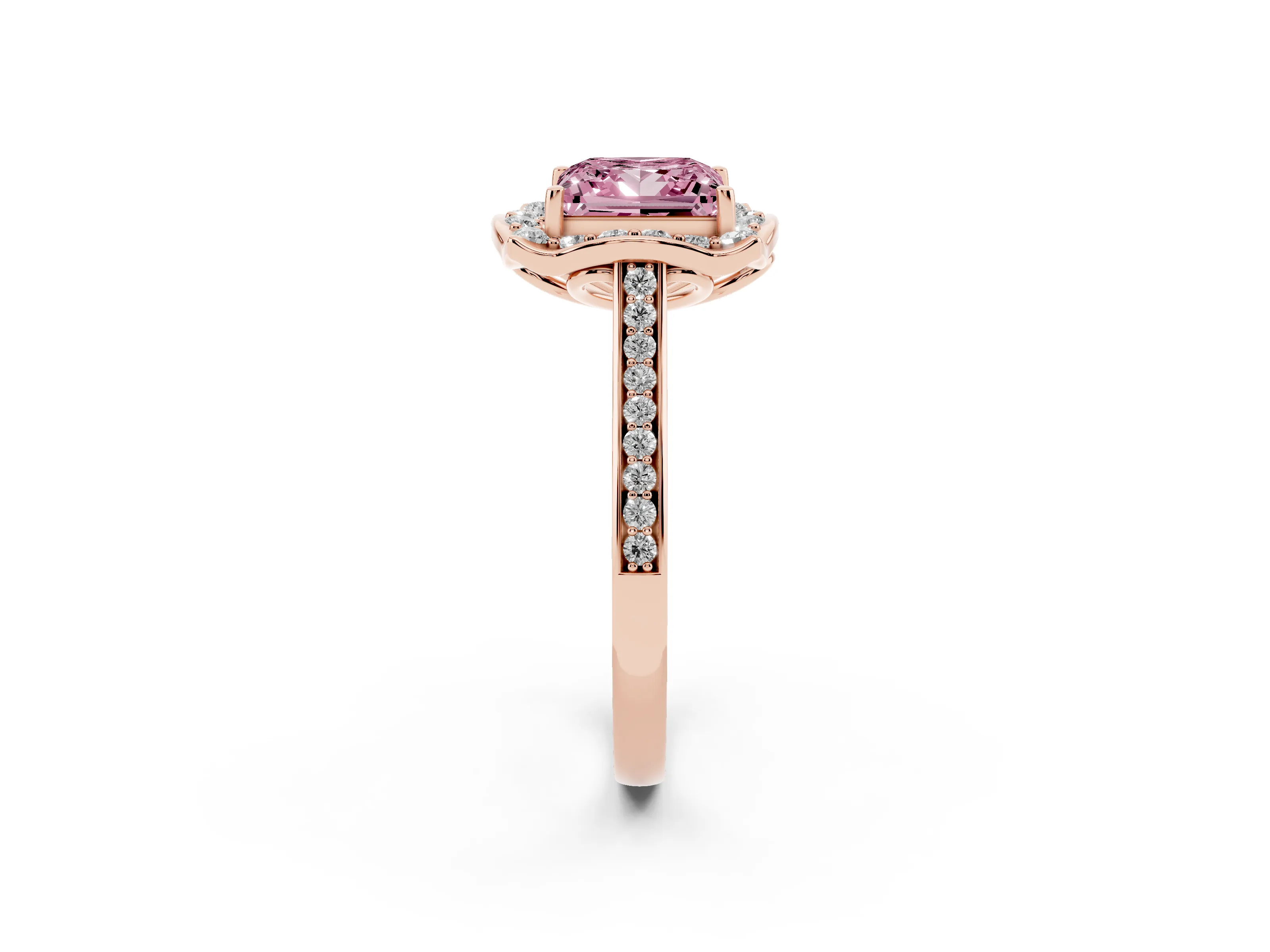 Fancy Pink Princess Cut Diamond Halo Ring Set in Rose gold with Pavé-Lined Shoulders and Prong Setting