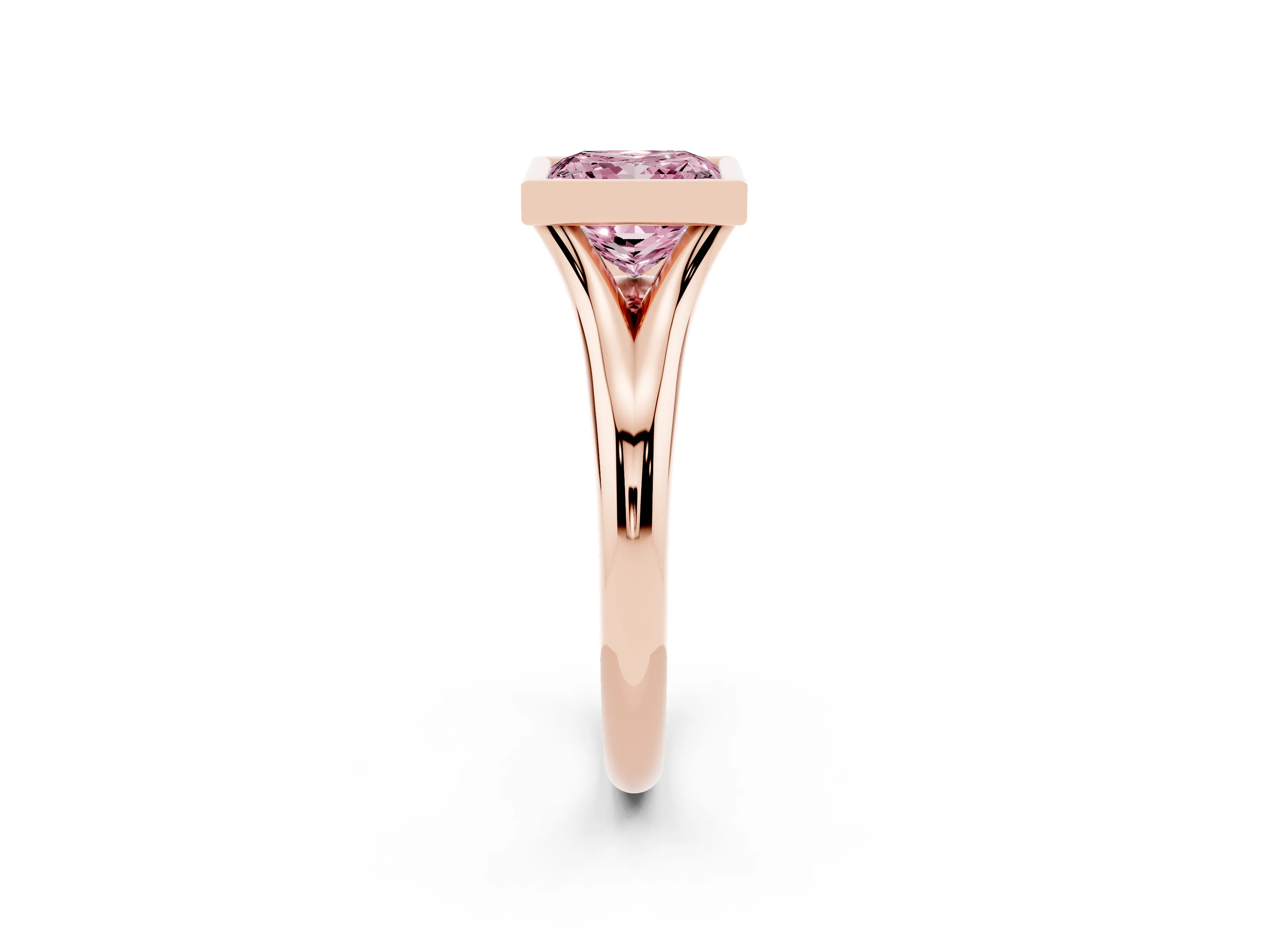 Fancy Pink Bezel Set Princess Cut Diamond Solitaire Ring Set in Rose gold with Smooth Band