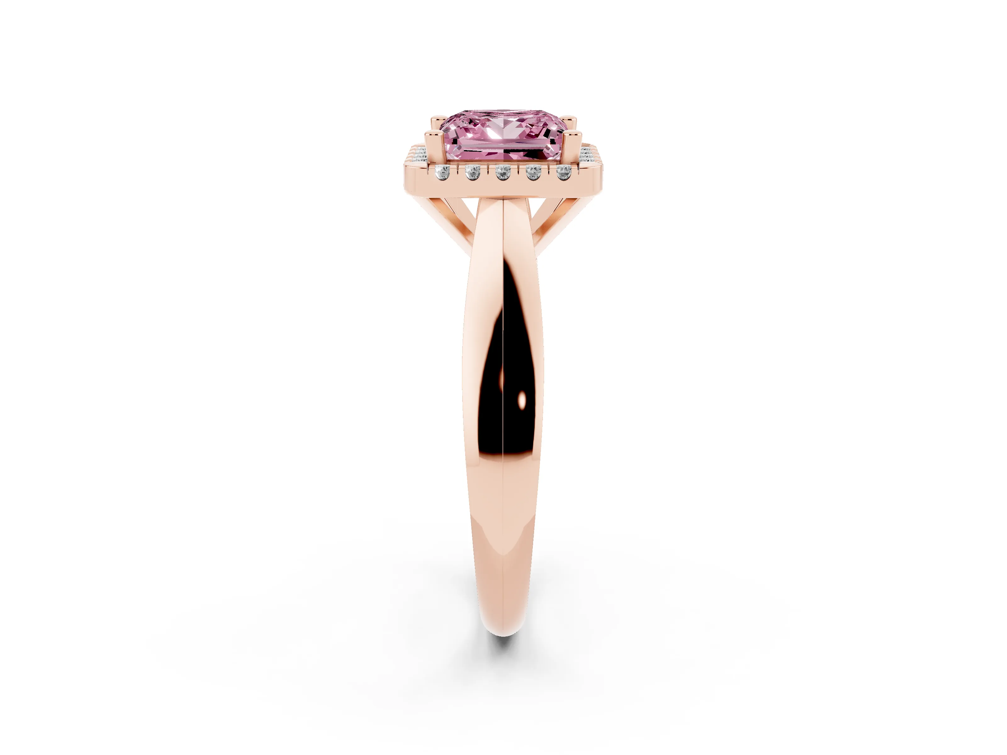 Fancy Pink Princess Cut Diamond Halo Solitaire Engagement Ring Set in Rose gold with Square Band and Prong Setting
