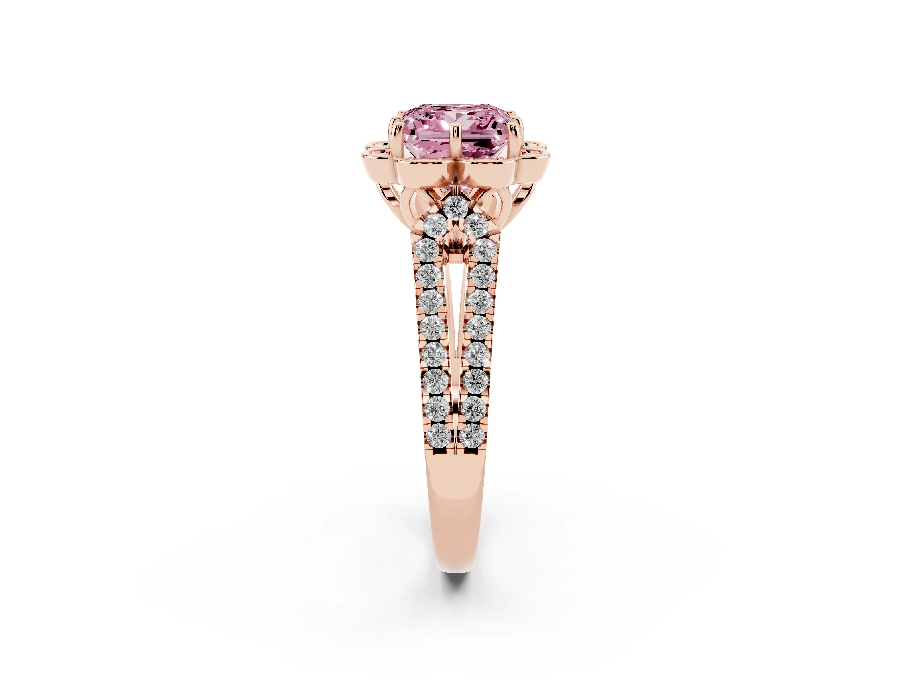 Fancy Pink Princess Cut Diamond Floral Halo Split Shank Engagement Ring Set in Rose gold with Pavé Shank