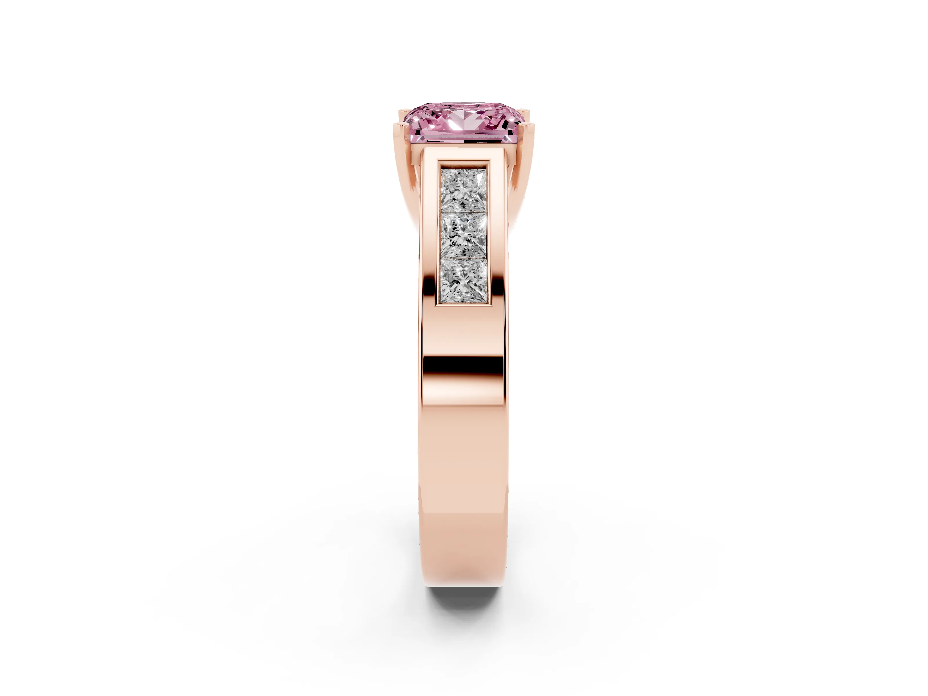 Fancy Pink Princess Cut Diamond Solitaire Ring Set in Rose gold with Channel-Set Accent Stones and Prong Setting